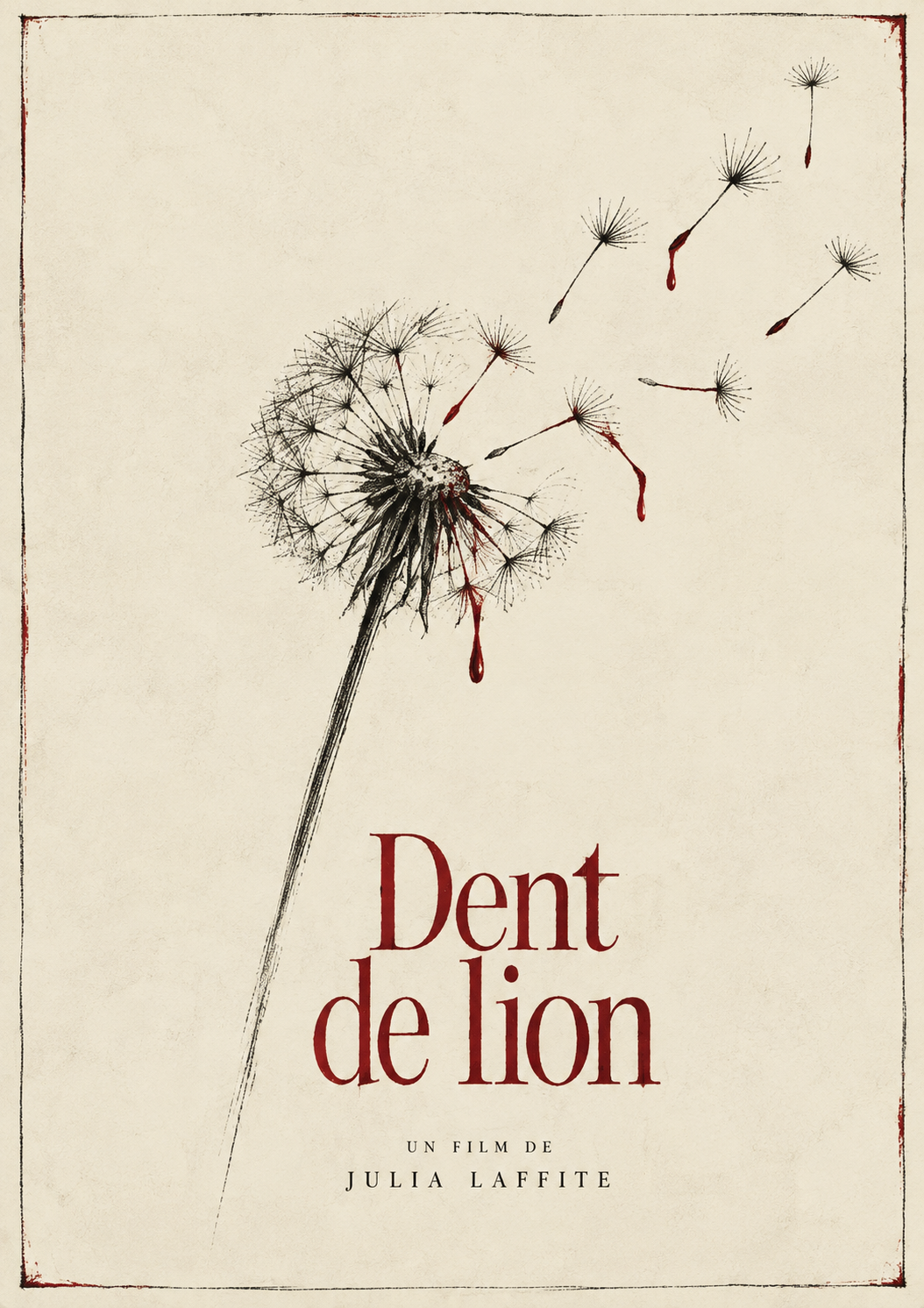 Cartel de la película 'Dent de lion' con una ilustración de un diente de león con semillas volando y salpicaduras de sangre, en un fondo beige con borde desgastado.