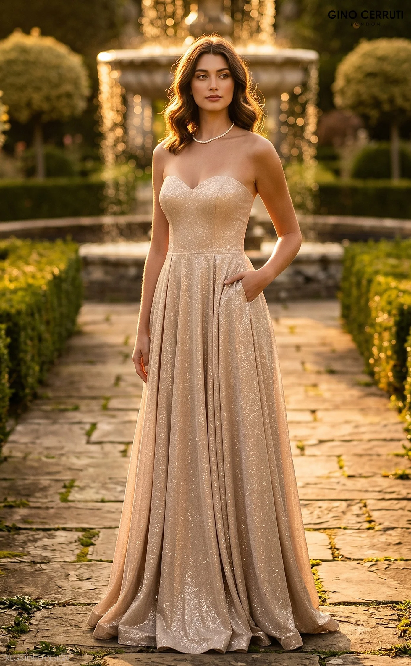 A woman wearing an elegant strapless champagne-colored gown with a pleated full skirt, standing outdoors on a stone path with a fountain and greenery in the background during sunset. She has shoulder-length wavy brown hair, a pearl necklace, and her 