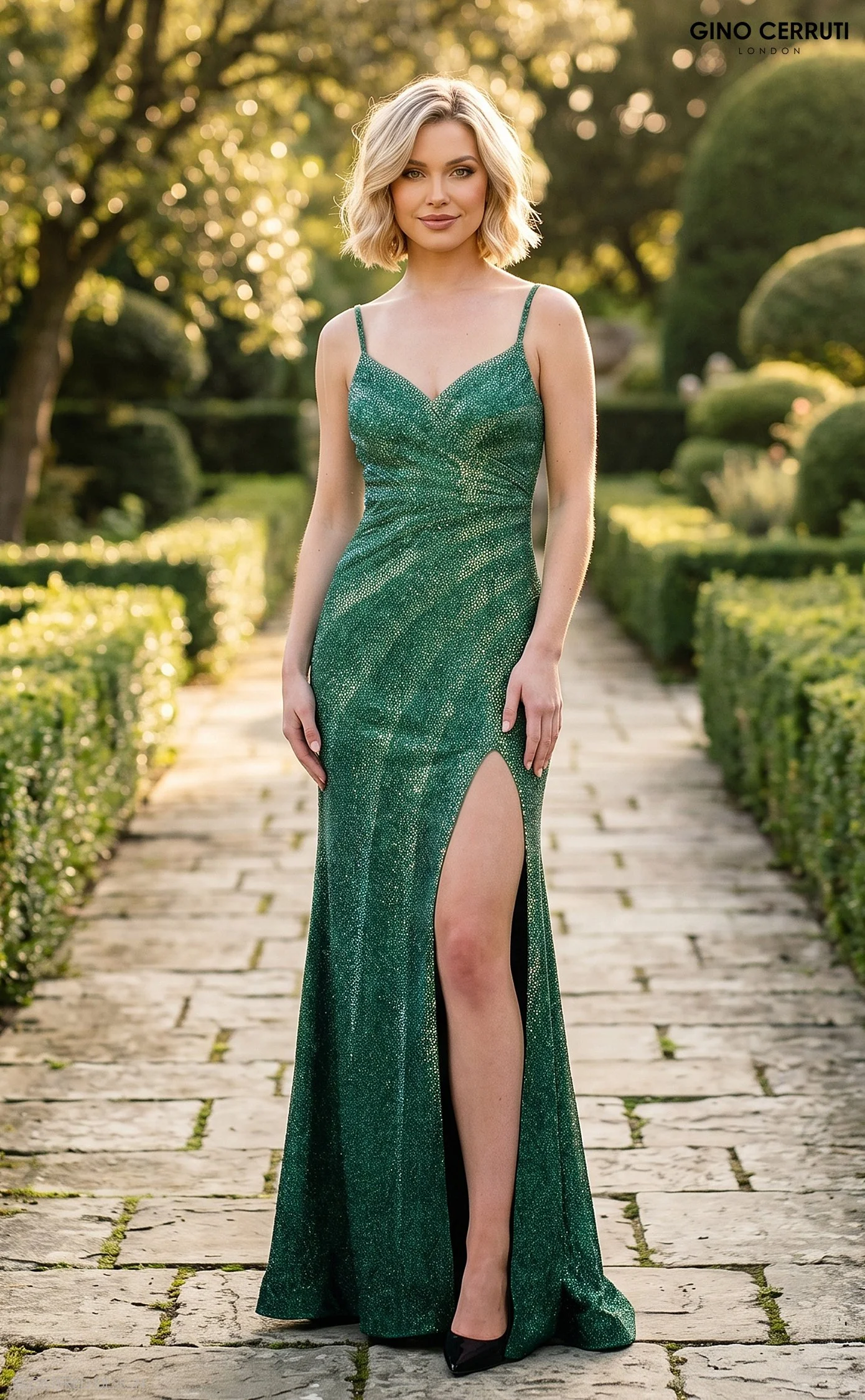 Woman in a green, sparkly evening gown with a high slit, standing outdoors on a stone pathway surrounded by trimmed bushes and trees in a garden setting.
