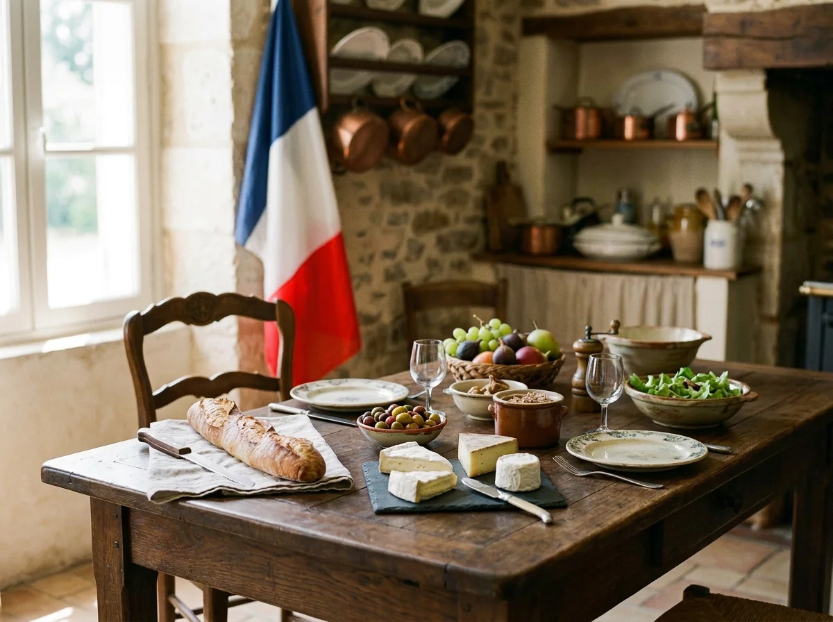 A French kitchen with French food on the table.