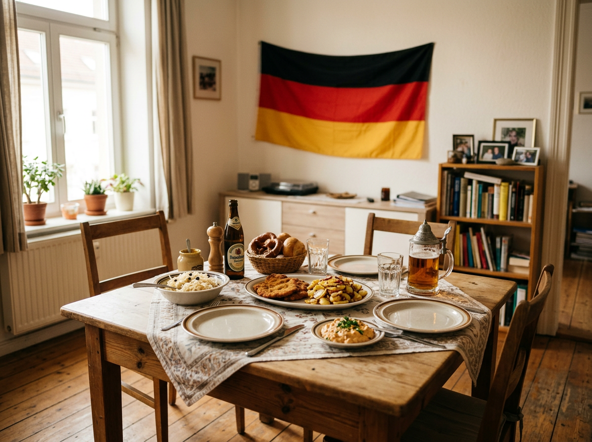 A German kitchen with German food on the table.