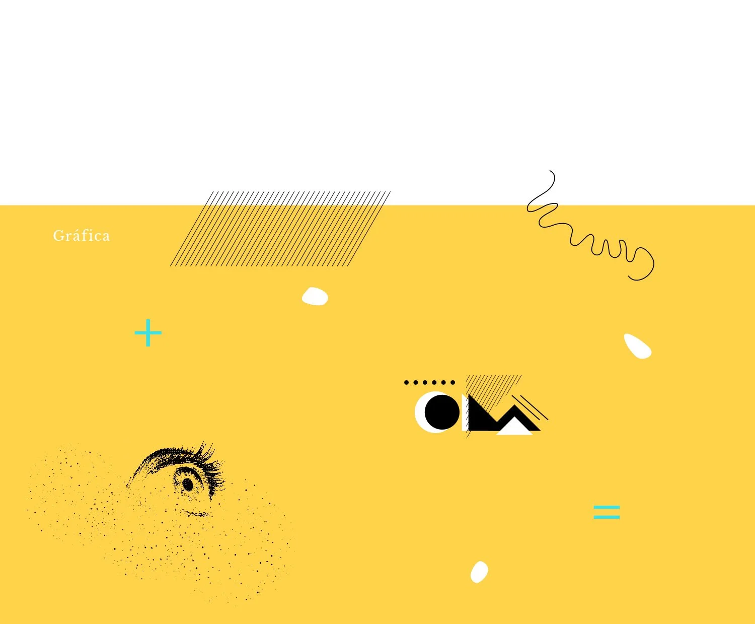 Diseño gráfico con fondo amarillo, incluye elementos abstractos y una ilustración de un ojo en la esquina inferior izquierda.