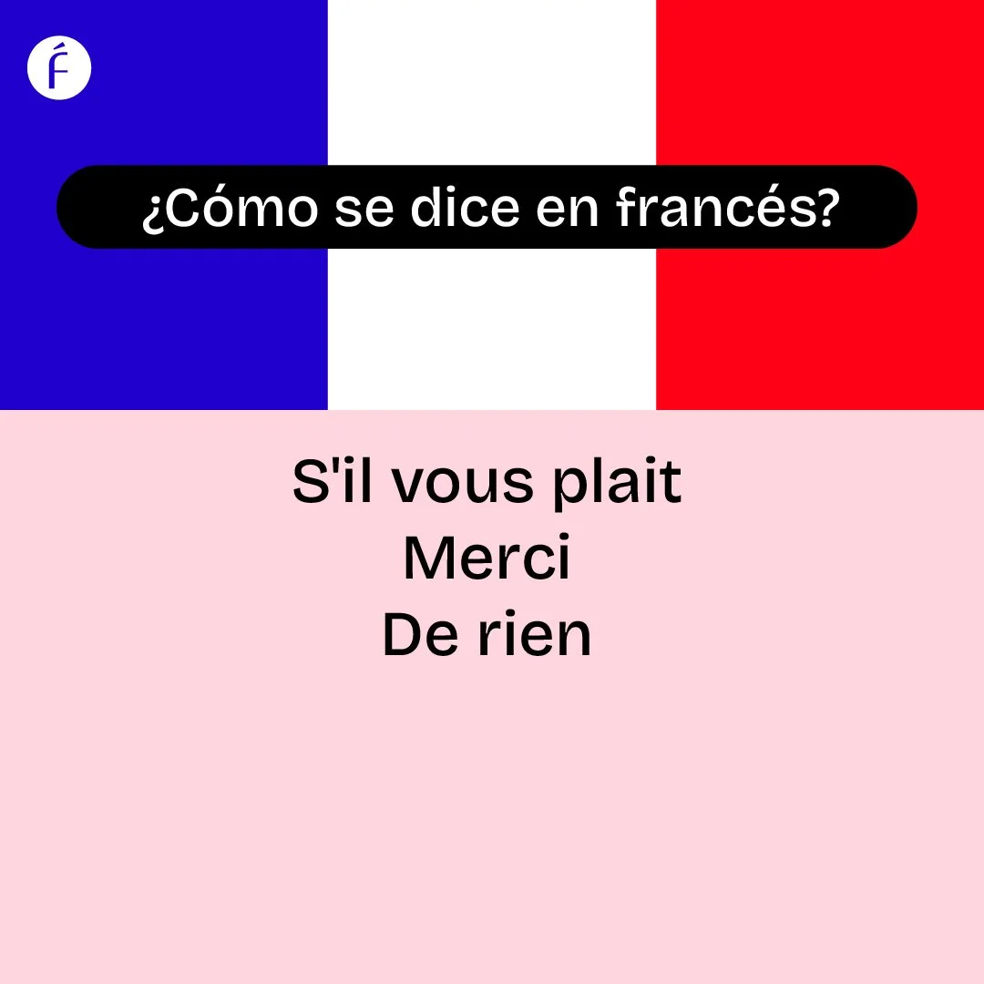 Tarjeta con la bandera de Francia de fondo y texto en francés y español que pregunta cómo se dice en francés 'De nada' y ofrece las respuestas 'S'il vous plaît', 'Merci', 'De rien'.