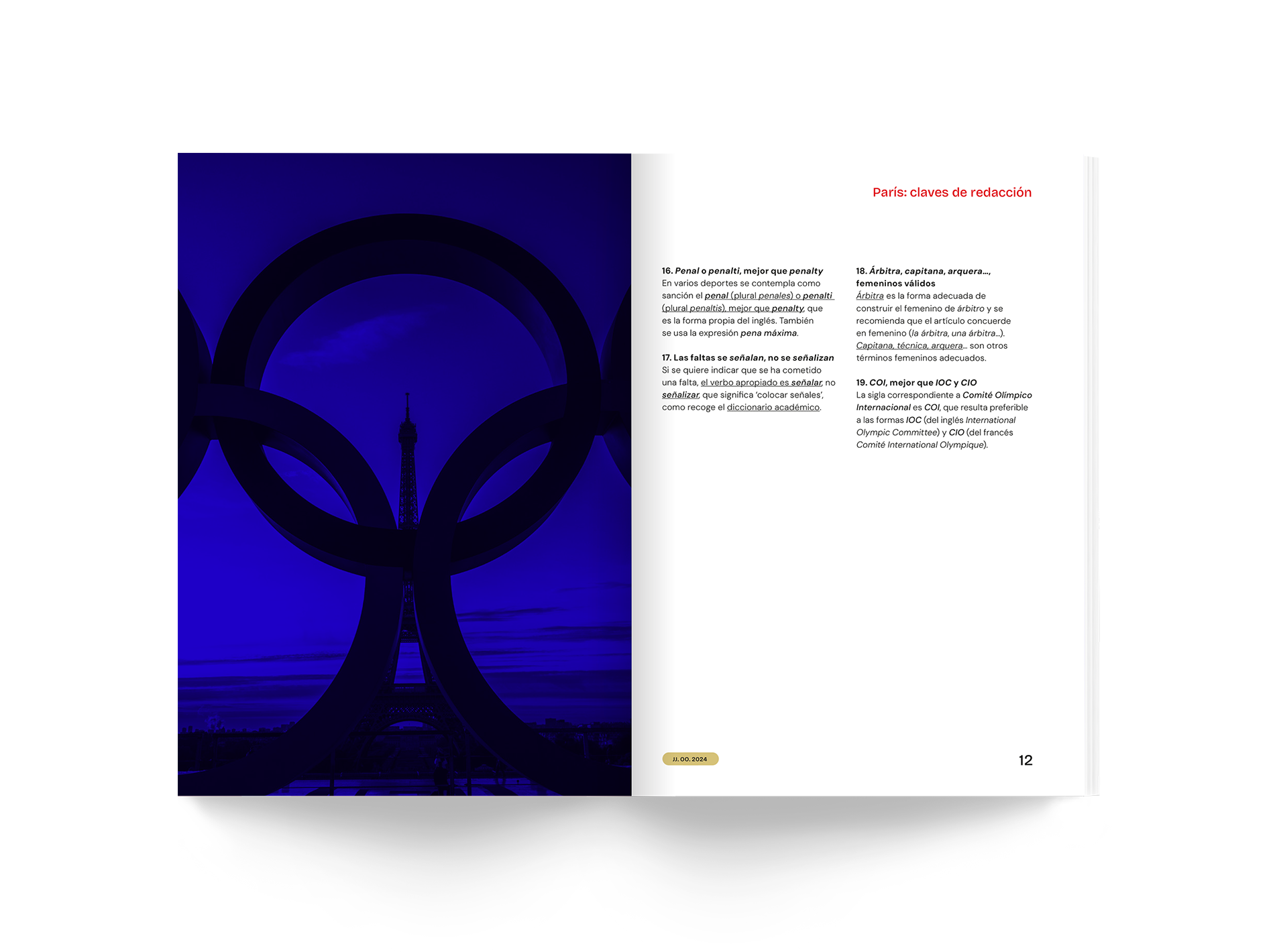 Página de un libro con una fotografía de la Torre Eiffel en París iluminada de azul y un texto en español sobre terminología legal y signos de señalización.