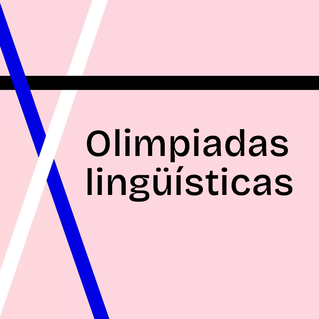 Cartel con fondo rosa, texto en negrita que dice 'Olimpiadas lingüísticas', con líneas diagonales blancas, azules y negras.