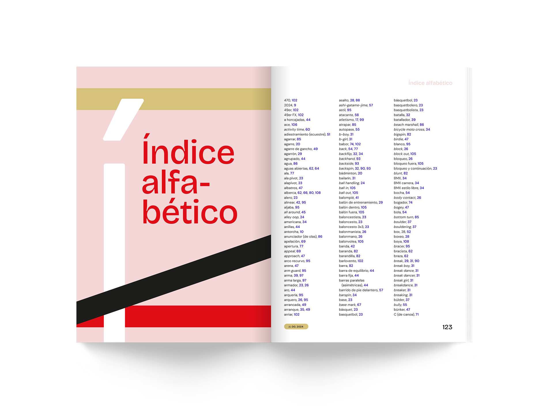 Página del índice alfabético de un libro, con dos columnas de palabras en español y sus referencias numéricas y de página.