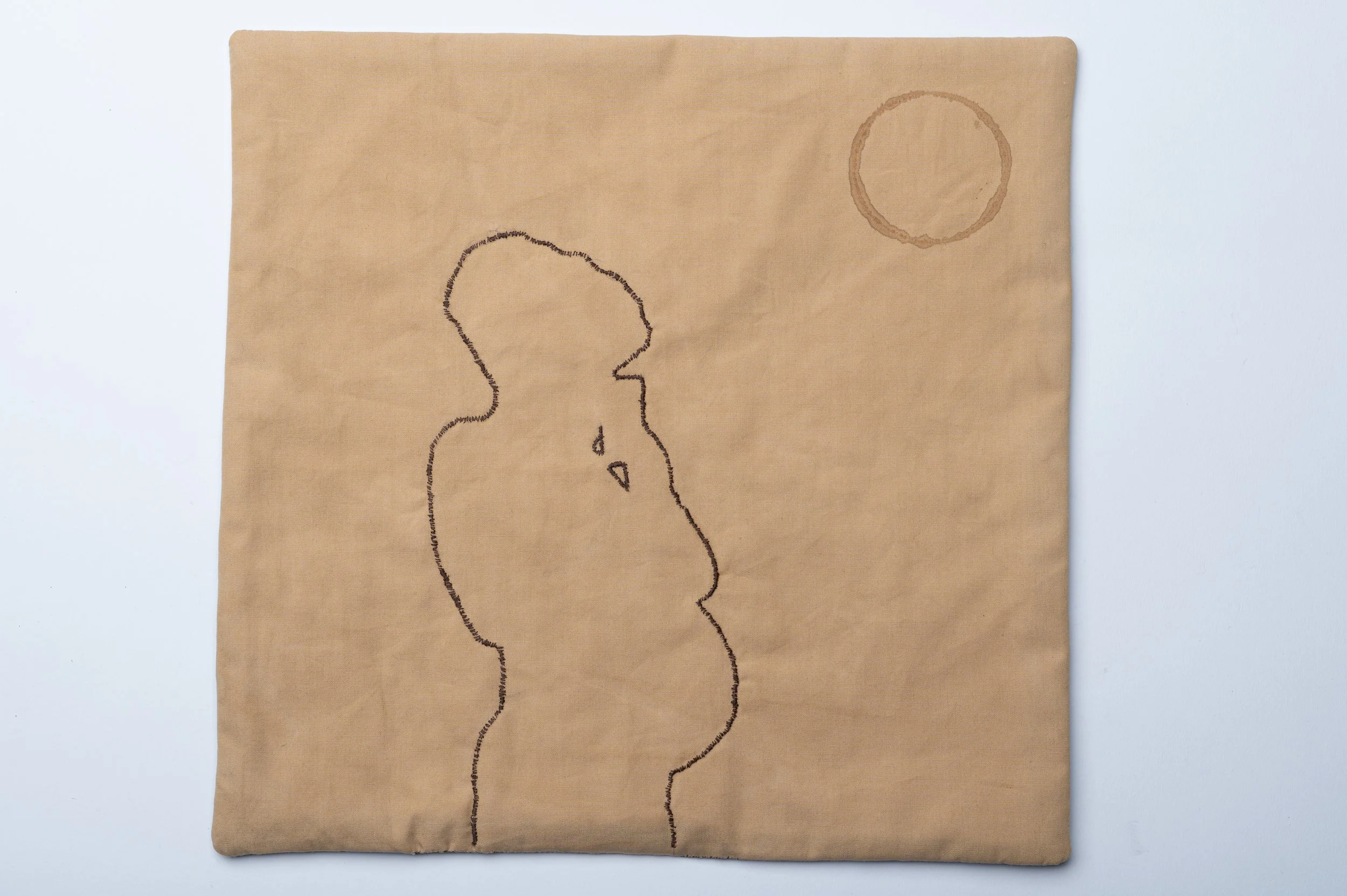 Title - 39 Weeks, 2023, hand embroidery on coffee stained cotton, quilt
