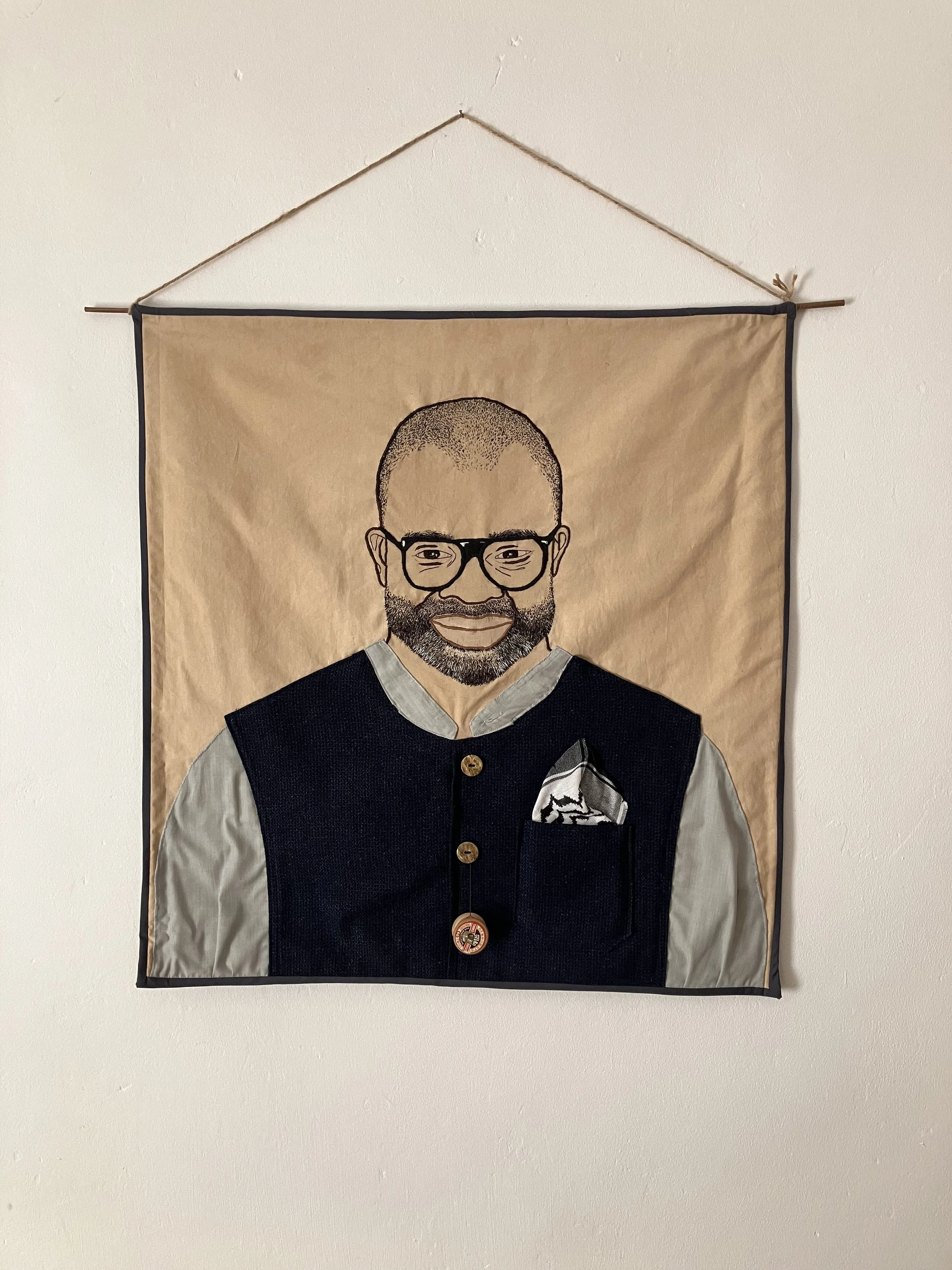 Be creative, 2026, hand embroidery and appliqué on coffee stained cotton, quilt - 64 x 68cm