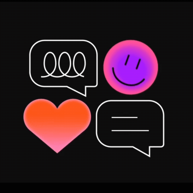 Digital illustration with two speech bubbles, a smiley face, and a heart symbol on a black background.