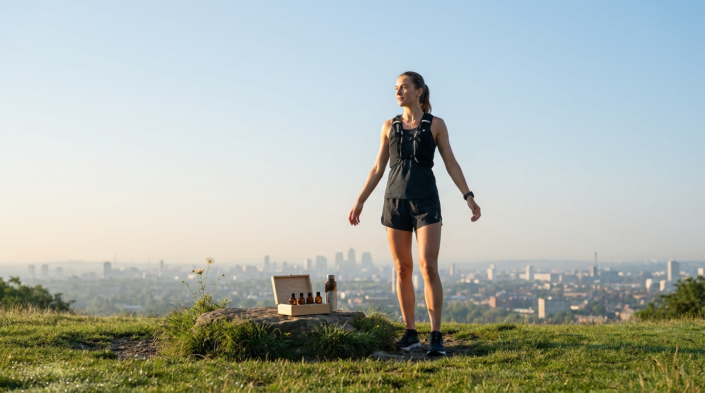 Mujer en ropa deportiva de pie en un campo, con ciudad al fondo, acompañada de una caja con frascos y una botella de agua.
