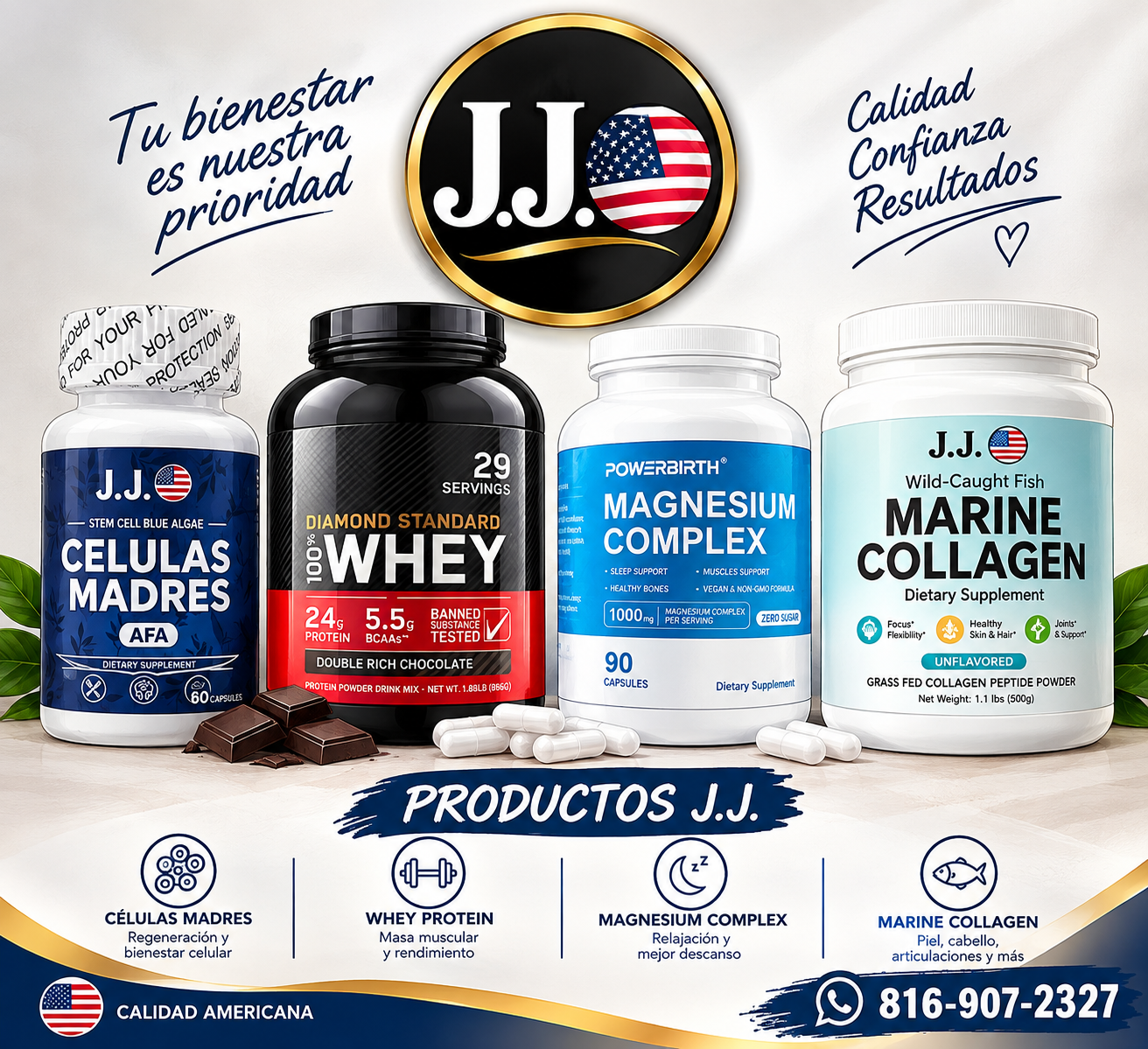 Cuatro frascos de suplementos nutricionales de la marca J.J., con un logotipo en la parte superior que contiene una bandera de Estados Unidos, acompañado de frases en español sobre bienestar, calidad, confianza y resultados. Incluyen una mezcla de proteínas, magnesio, colágeno marino y células madre, con iconos que resaltan beneficios como regeneración celular, rendimiento muscular, descanso y salud articular.
