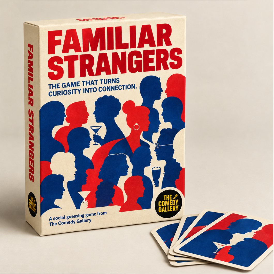 The box of the social guessing game called 'Familiar Strangers' by The Comedy Gallery, featuring designs in red, white, and blue. A few game cards are placed in front of the box.