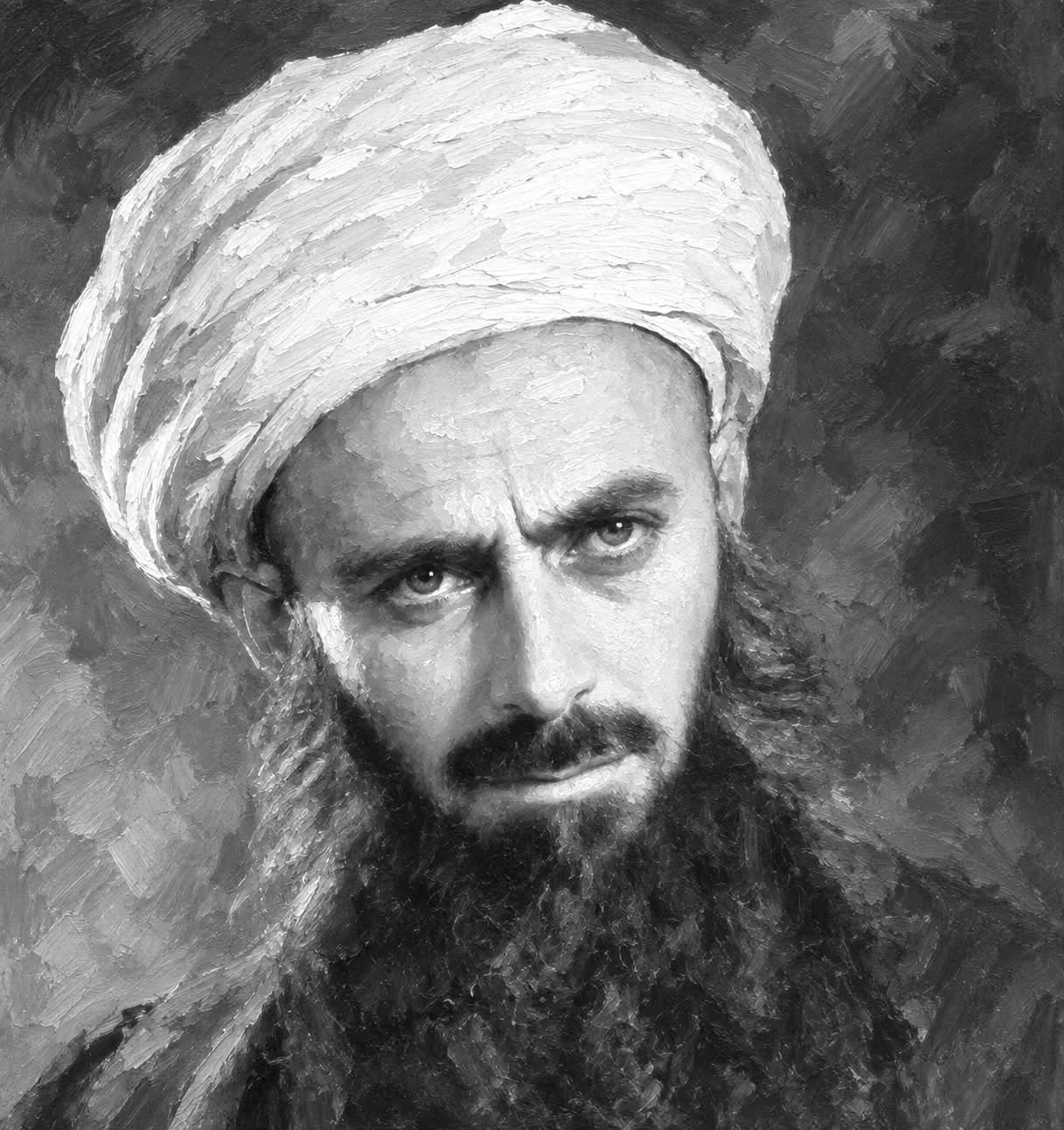 Black and white portrait of a man with a large beard and intense eyes, wearing a traditional turban, with expressive brushstrokes creating a textured background.