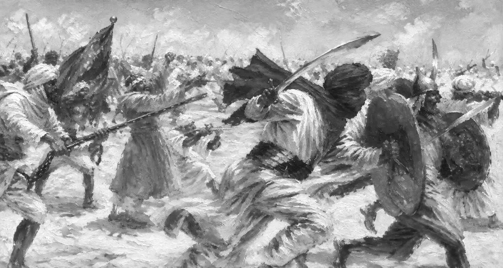 Black and white painting of a large battle scene with soldiers fighting with swords and shields, some holding flags, in an intense combat formation.