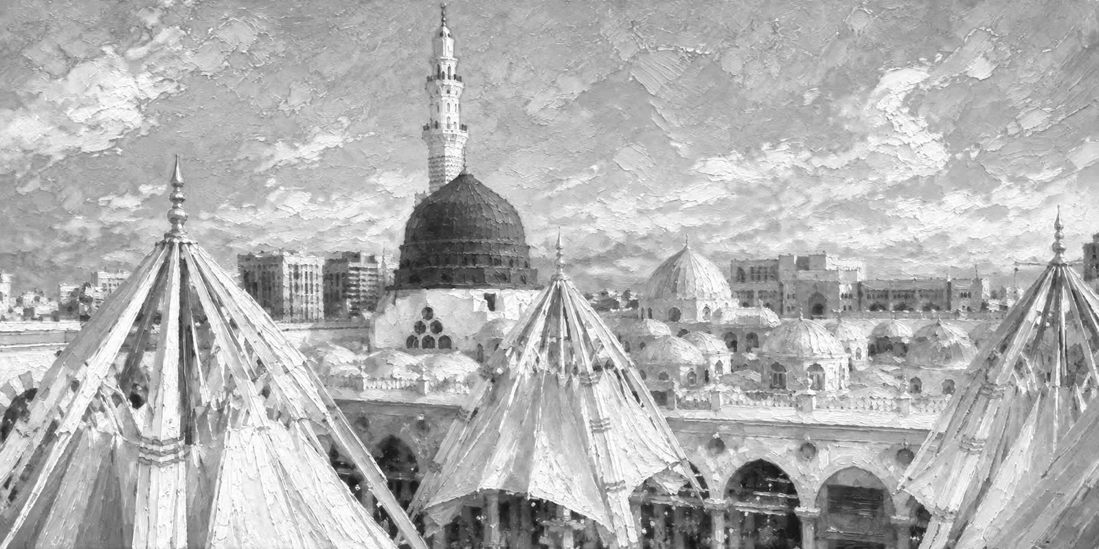 Black and white painting of a cityscape with domed and spire-topped buildings, including a prominent large domed structure and pointed rooftops.