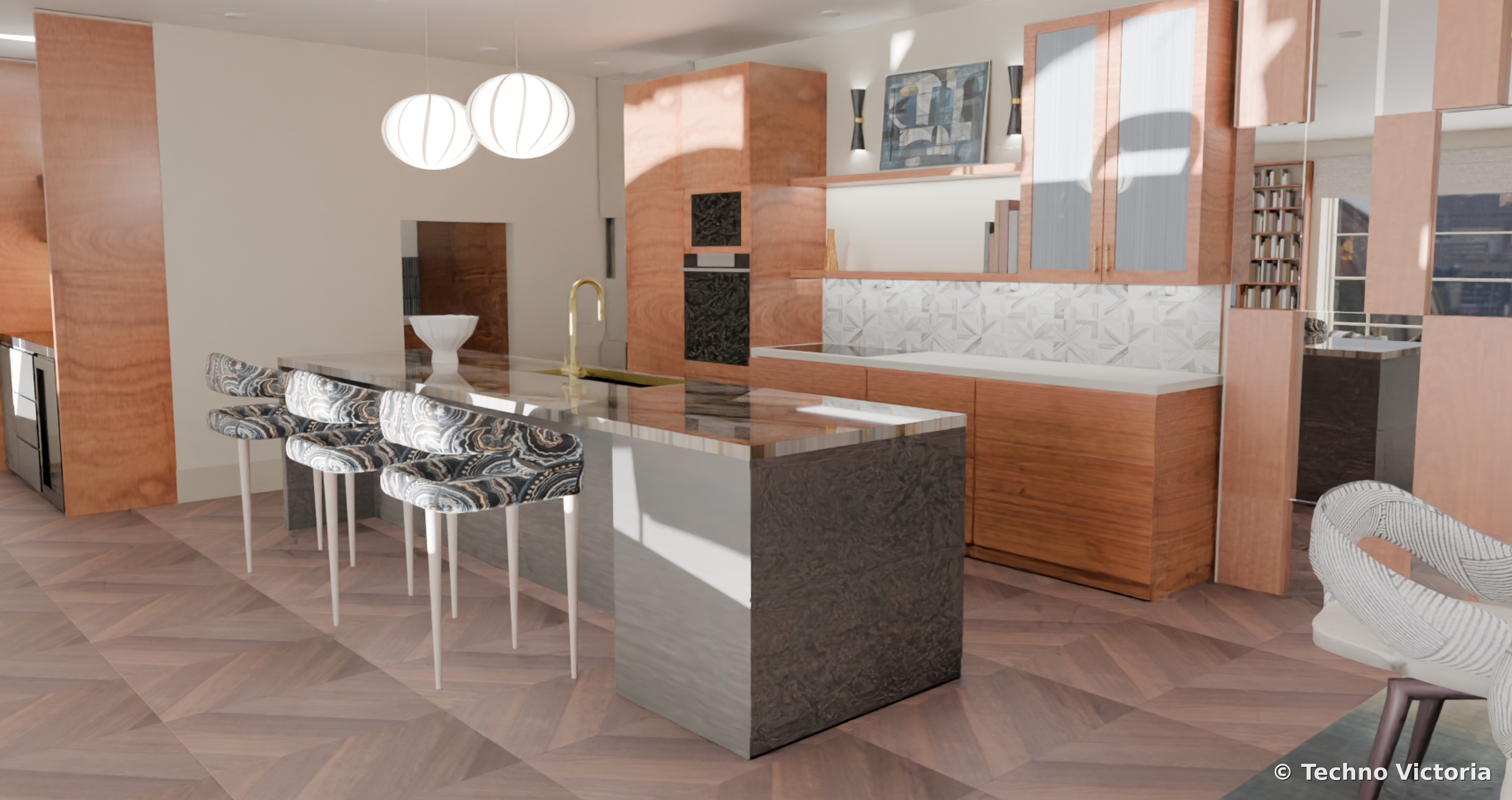 3d render kitchen area riverside view apartment 