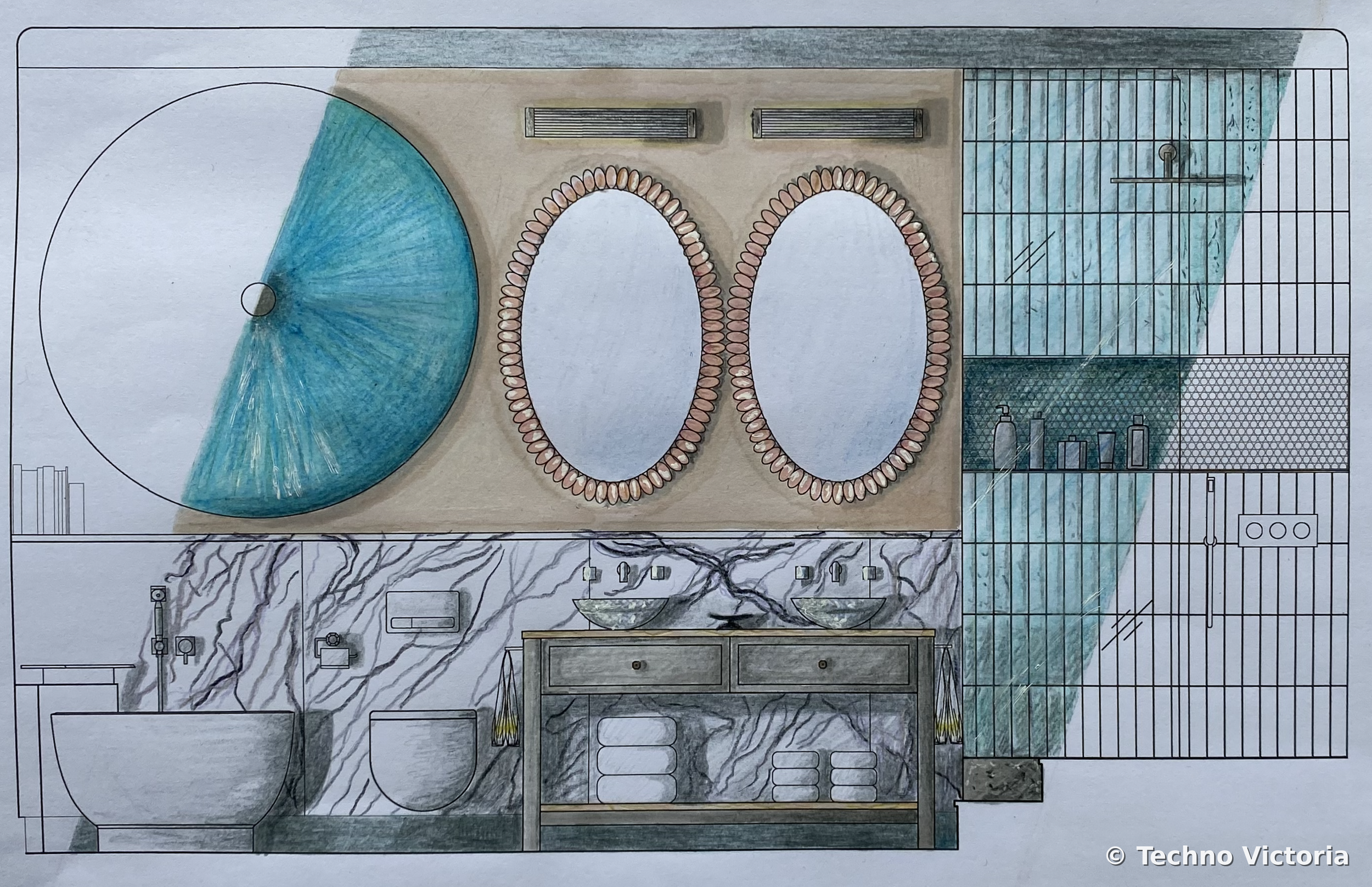 A detailed architectural elevation of a modern bathroom, including a large round shower, two oval mirrors, a double sink vanity, a toilet, a bathtub, and a walk-in shower with a glass door, with various fixtures and storage areas.