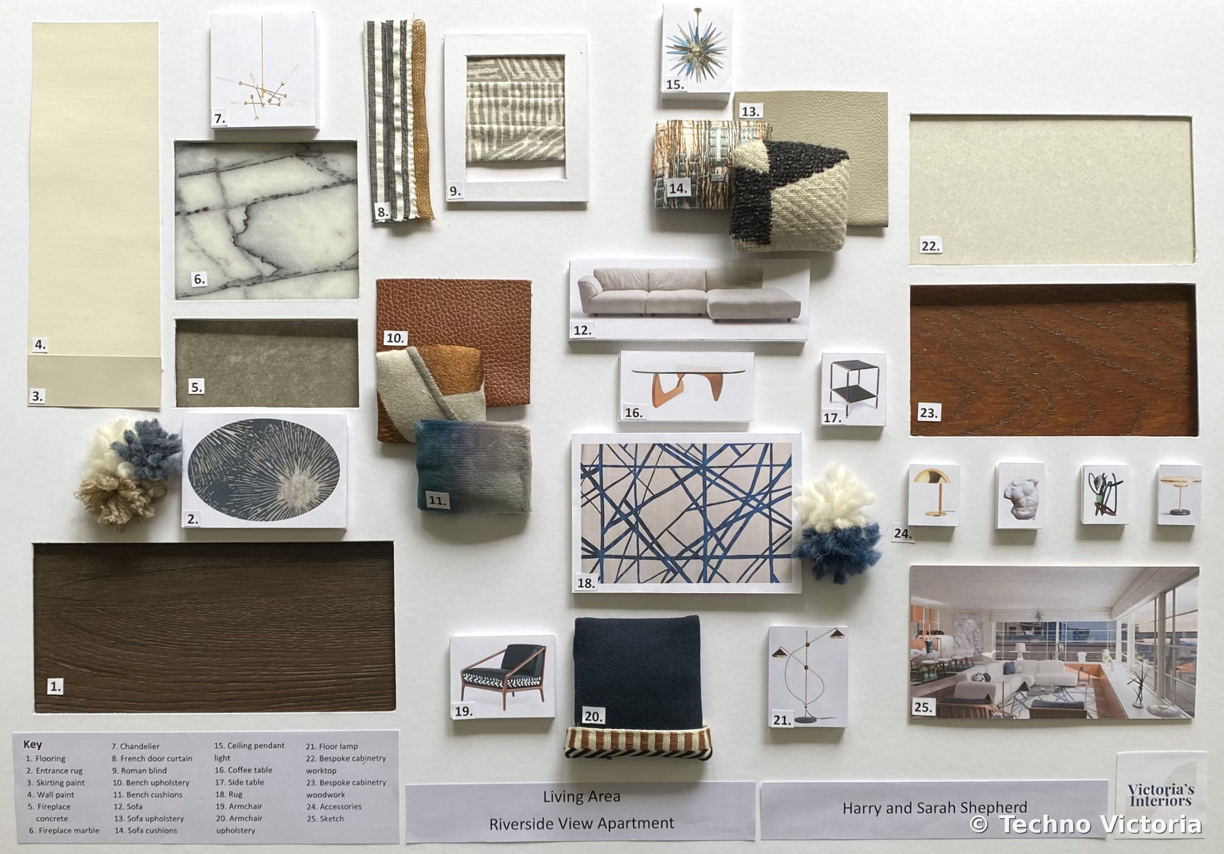 A design mood board with various fabric swatches, furniture pieces, and interior decor samples arranged on a white background. It includes materials like marble, leather, fabric, and wood, along with images of a living room, a sofa, a side table, and