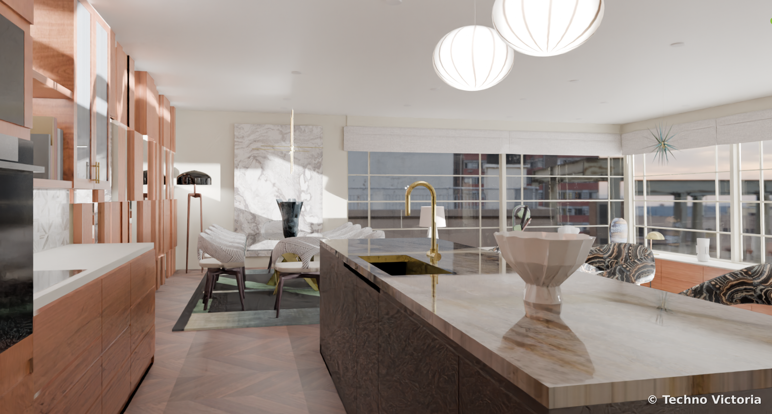 3d render kitchen area riverside view apartment 