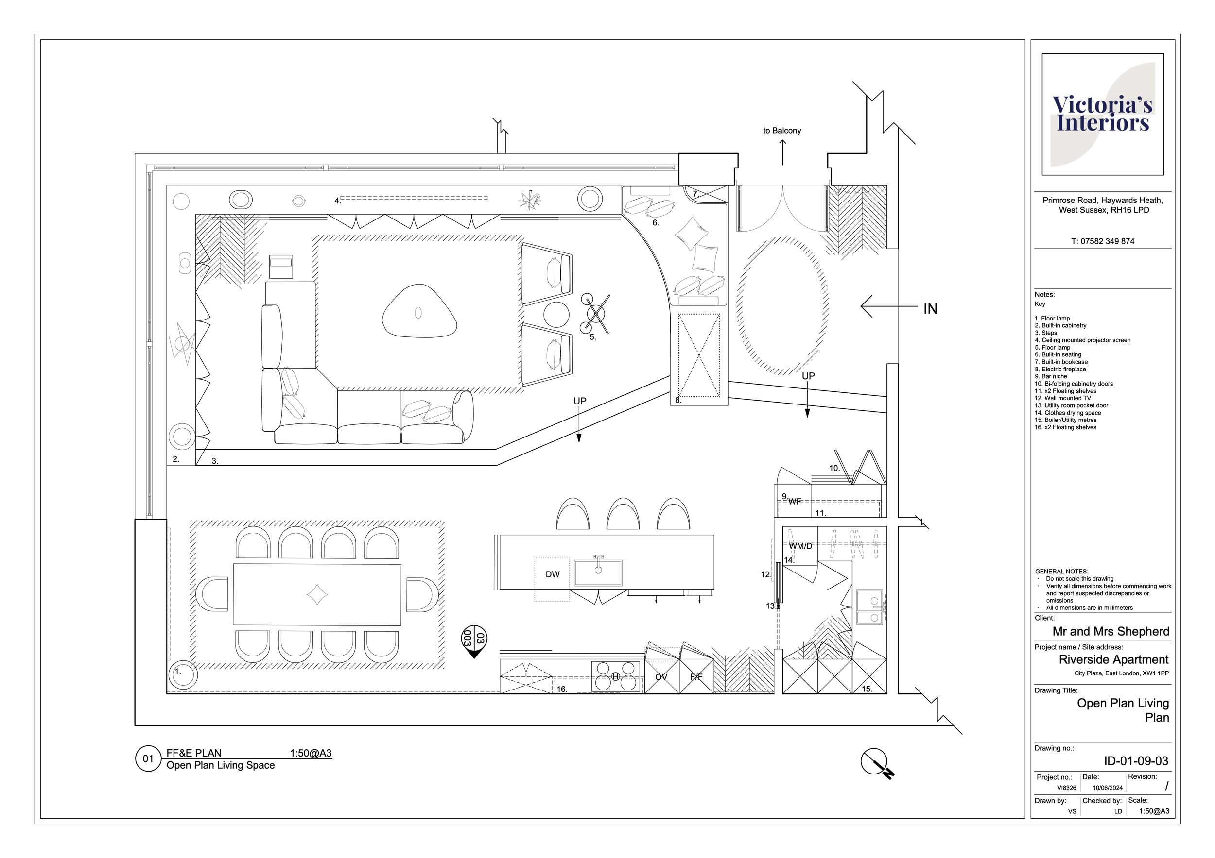 Architectural floor plan of a living space with labeled areas, including an open plan living room, kitchen, and dining area, with notes and dimensions.