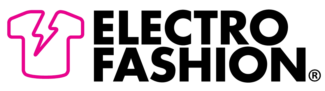 Outline of a t-shirt with a lightning bolt inside, in pink, next to the words 'ELECTRO FASHION' in black.