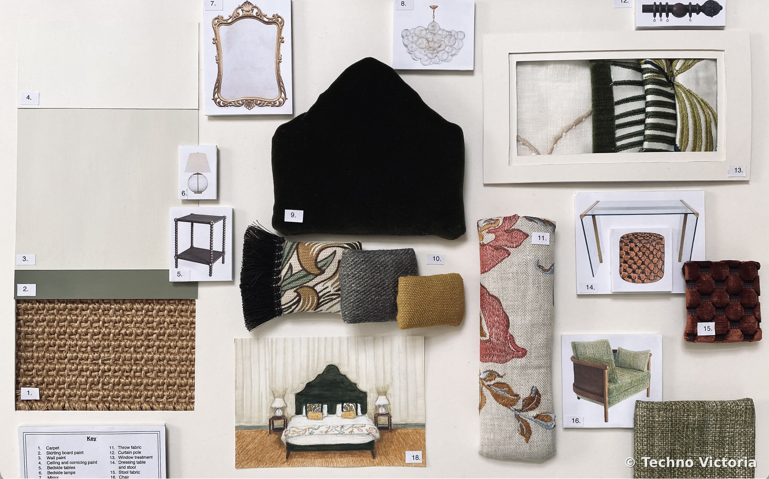 A collage of interior design items including fabric swatches, framed pictures, a black beanie, and small furniture and decor samples displayed on a wall and table. The items are labeled with numbers.