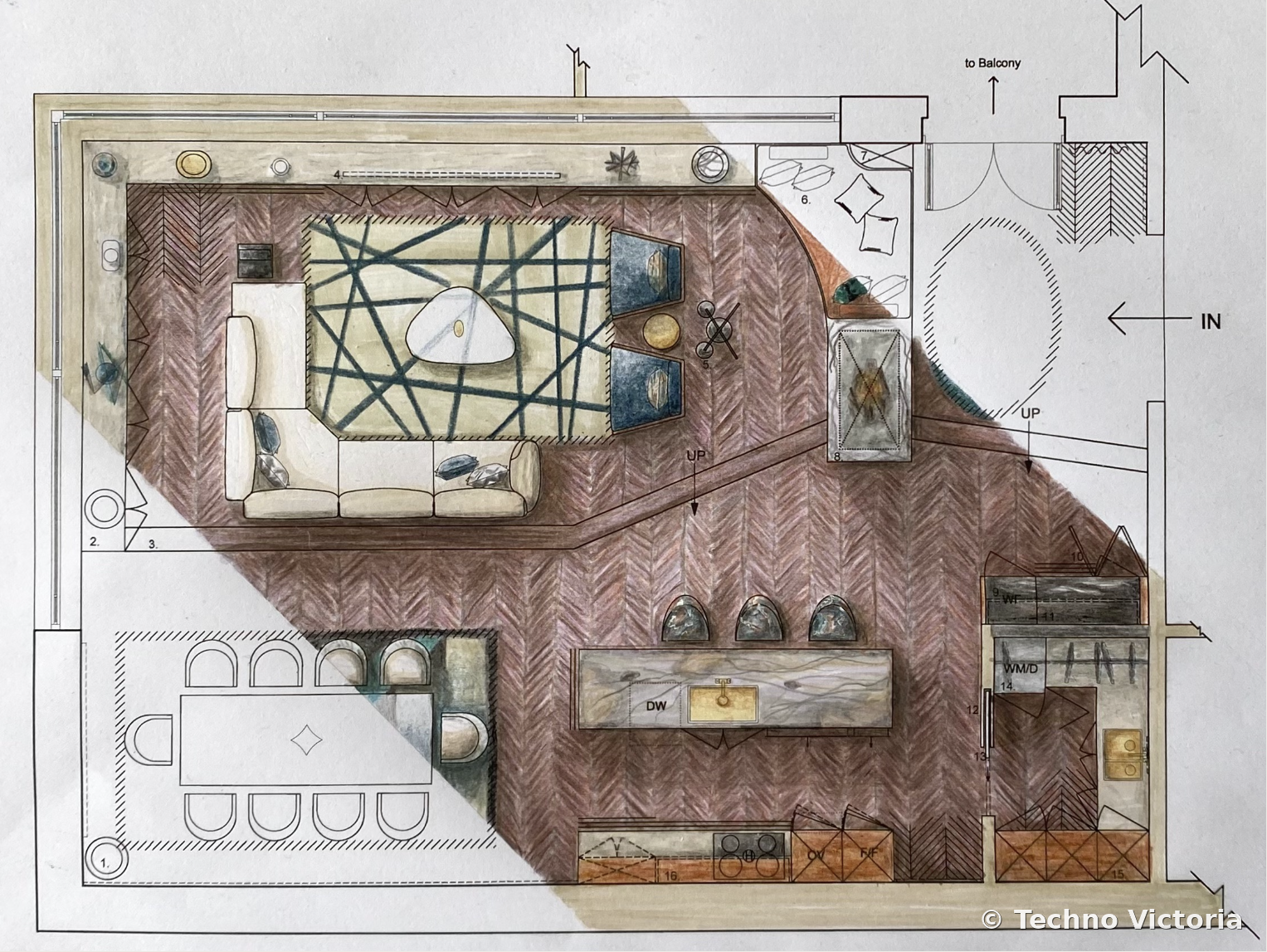 Design floor plan of a living room, dining area, and kitchen with furniture, appliances, and decor elements labeled and shown in a detailed layout.