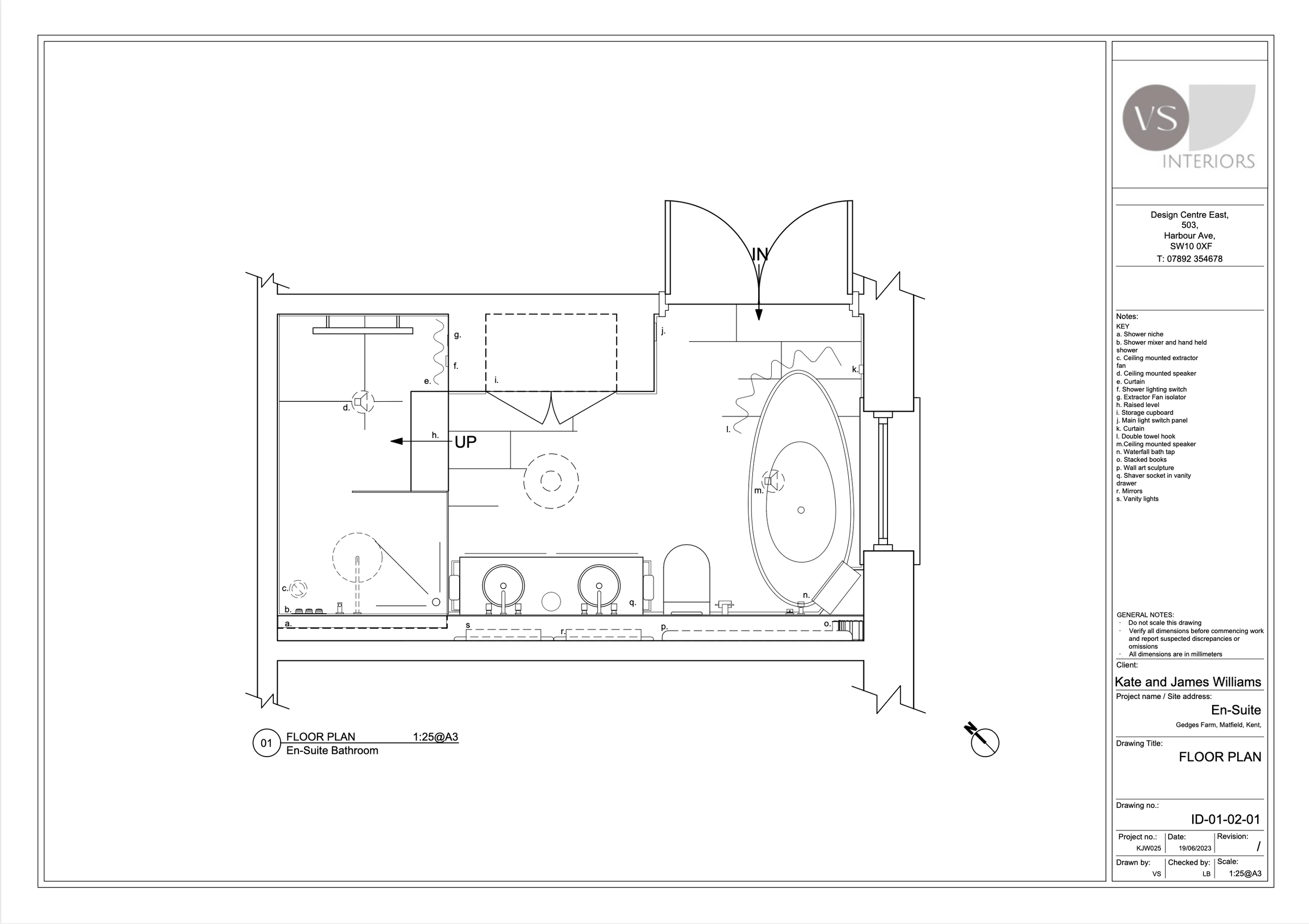 Architectural floor plan drawing of a bathroom with labeled features and notes.