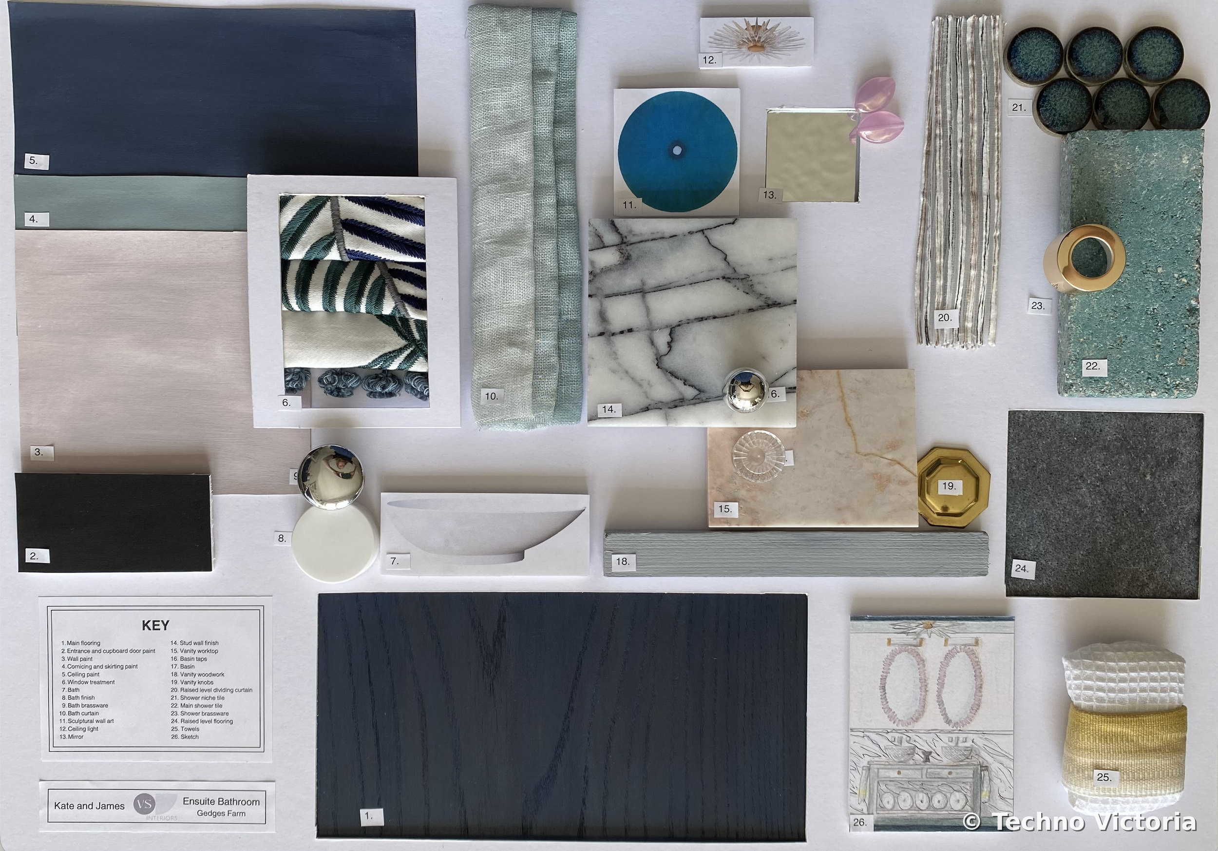 A mood board featuring various decor and design materials including fabrics, tiles, paint samples, and accessories labeled with numbers, used for interior design planning.