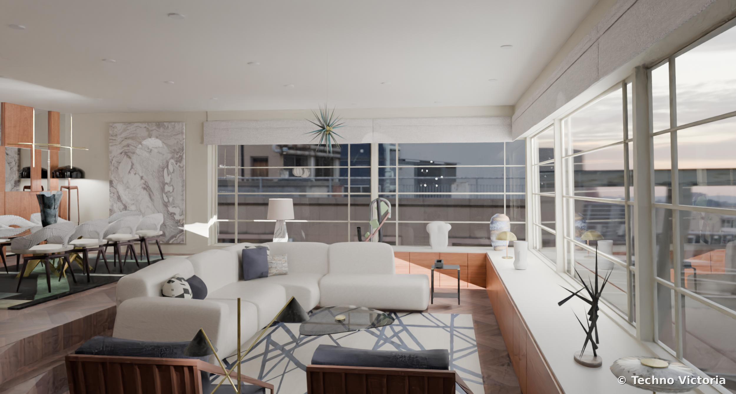 3d render living area riverside view apartment 