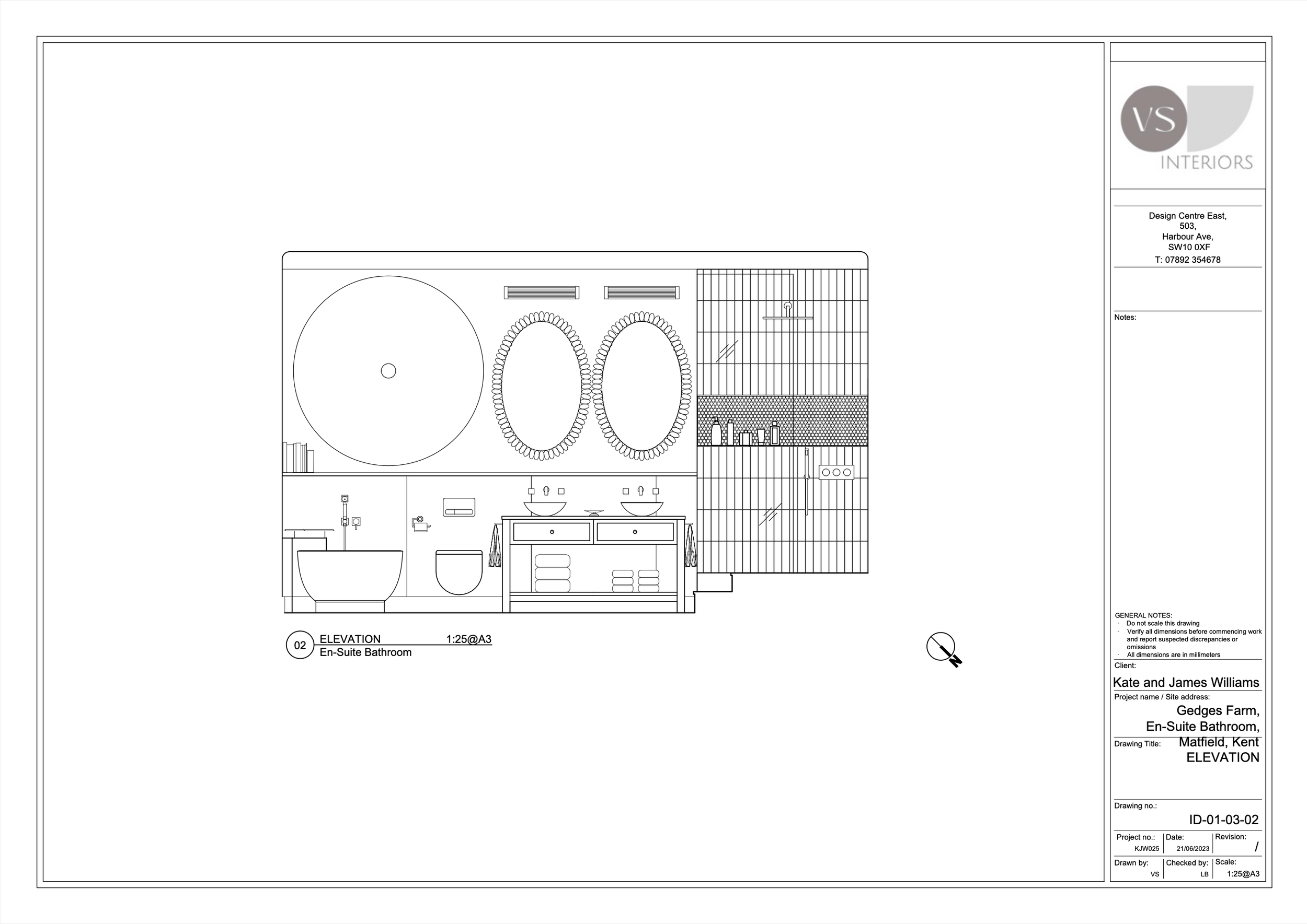 Architectural blueprint for a bathroom, featuring measurements and design details, with a title block indicating it is an elevation view of an en-suite bathroom.