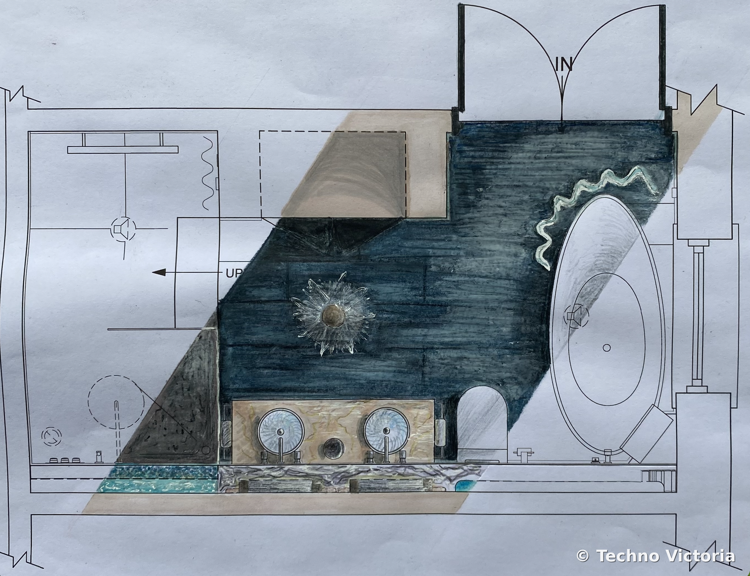 An architectural plan with colored shaded areas, featuring a dark blue water feature or pool, a beige shaded area, and other elements such as a dandelion flower and circular features, with the plan's outline and technical details visible.