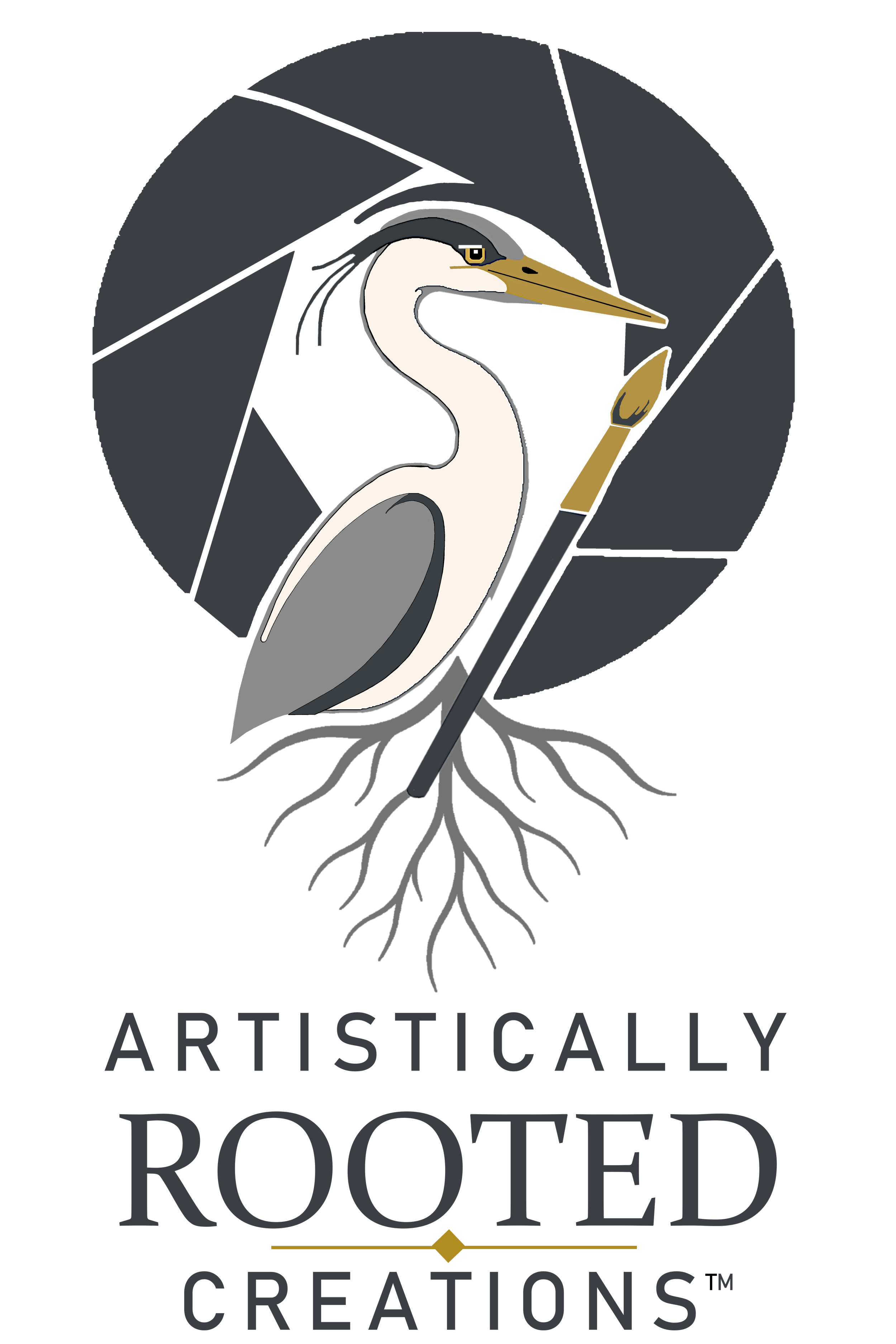 A stylized logo featuring a heron holding a paintbrush, with the heron’s body and neck integrating into tree roots. The logo appears above the text 'artistically rooted creations'.