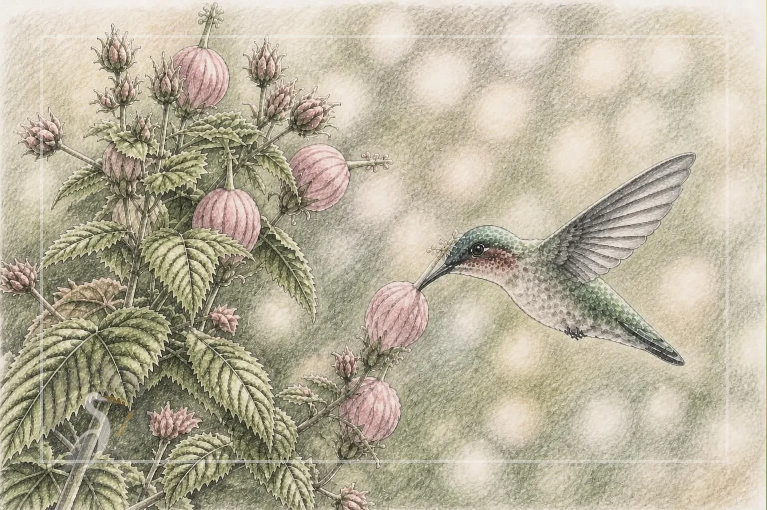 A hummingbird with green and pink feathers feeds on a pink flower from a leafy plant.