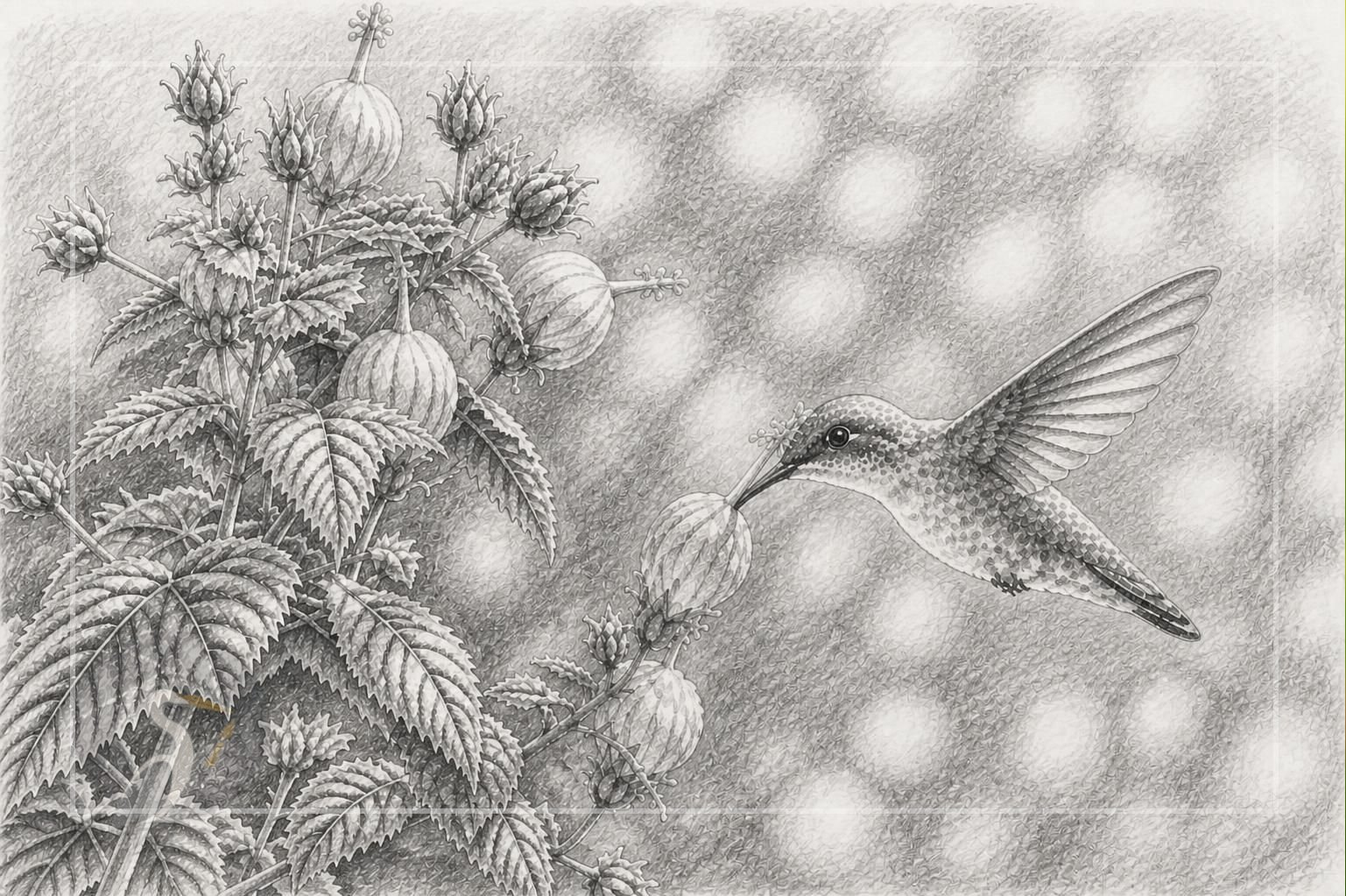 Black and white drawing of a hummingbird feeding from a raspberry bush with berries and leaves, with a blurred background of light spots.