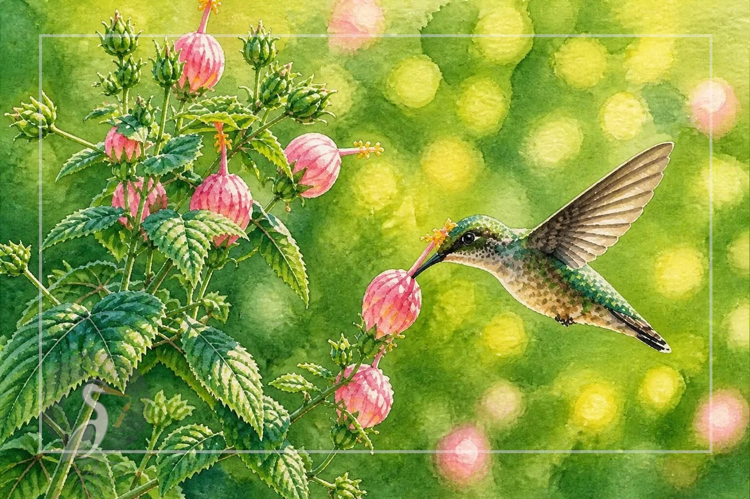 A watercolor painting of a hummingbird feeding on a pink flower from a green plant with textured leaves, with a blurred green and yellow background.
