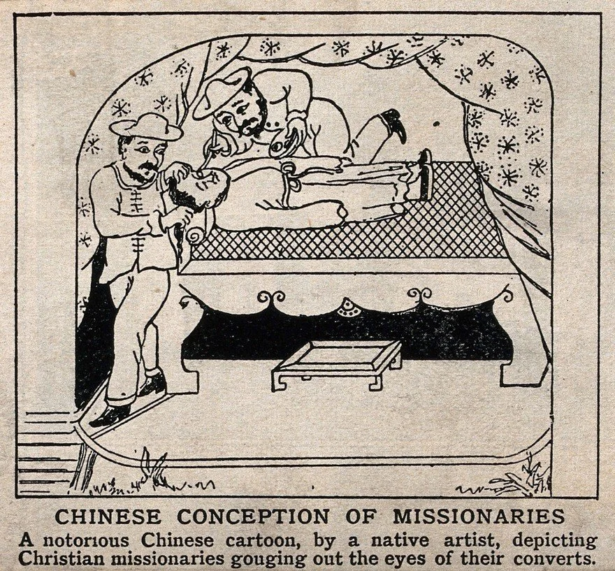 Nineteenth-century Chinese anti-Christian cartoon showing missionaries operating on a reclining convert, reproduced in a Western missionary publication under the printed caption "Chinese Conception of Missionaries".