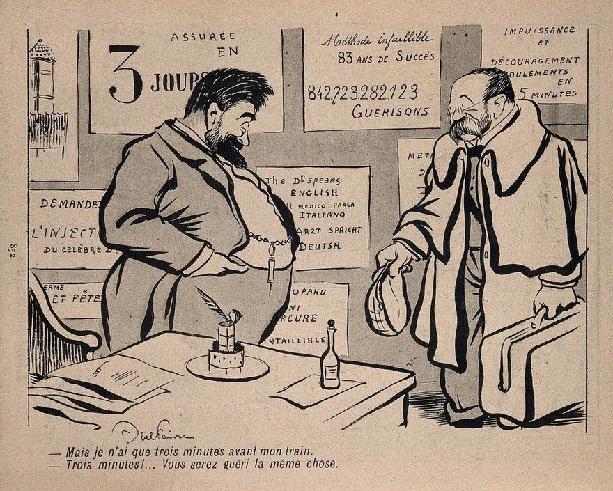 A quack claims he can cure a man in the three minutes before his train leaves. Process print after J-A. Faivre, 1902. Wellcome Collection. Source: Wellcome Collection.