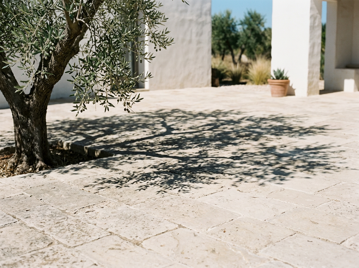 Ombre d'un arbre d'olivier sur une pavement en pierre dans une cour ensoleillée avec des plantes en pot et un bâtiment blanc en arrière-plan.