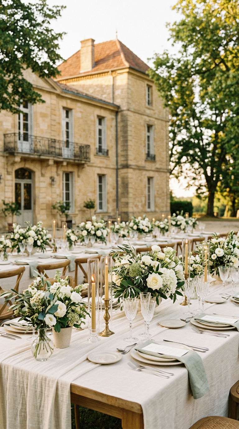 Une grande table décorée avec des fleurs blanches, des bougies et des verres à vin, installée à l'extérieur devant un château.