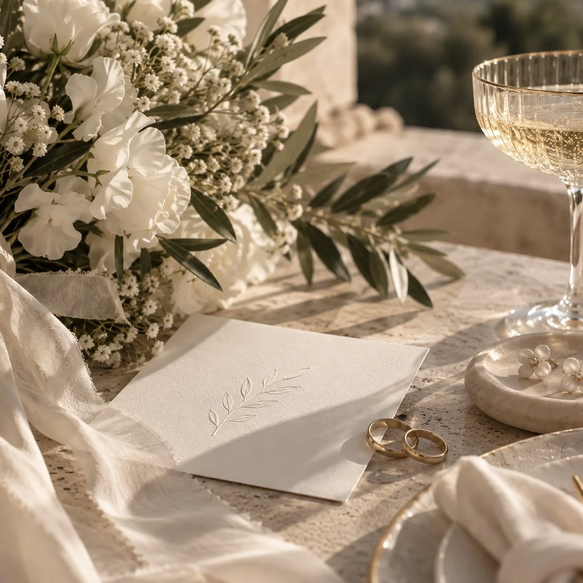 Une table décorée avec un bouquet de fleurs blanches, un faire-part de mariage, deux alliances en or, une coupe de champagne, et des perles roses, le tout sous une lumière chaleureuse.