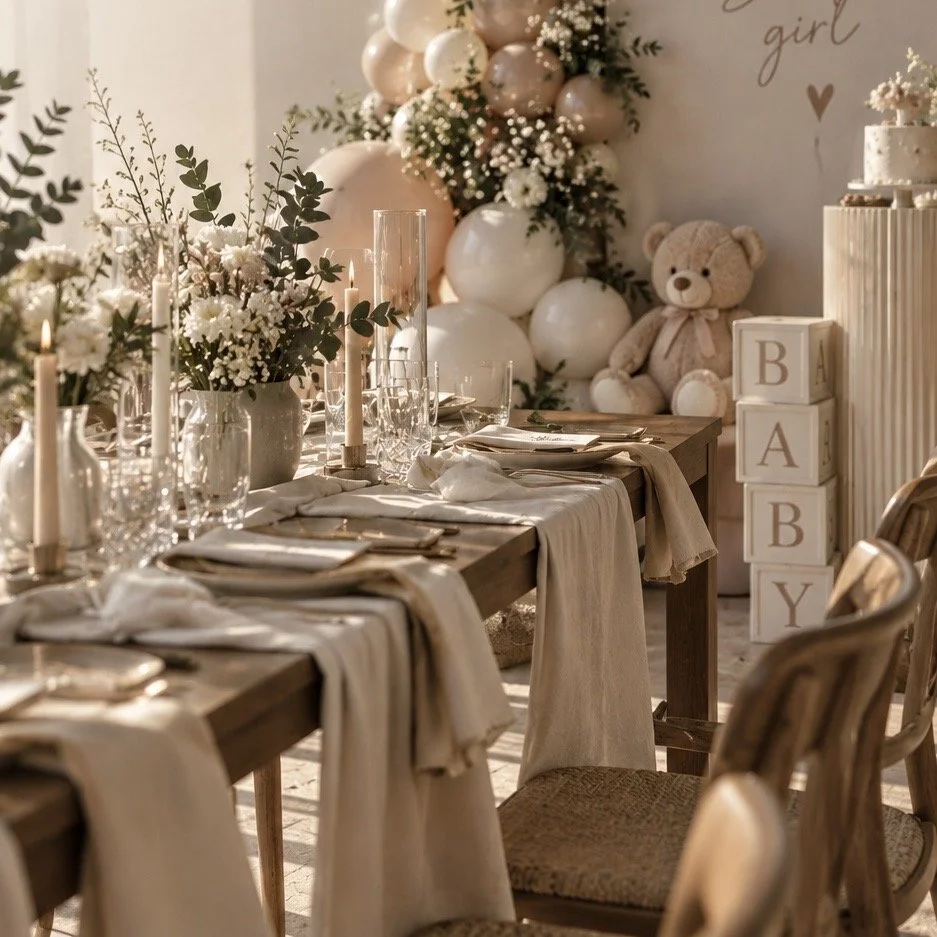 Table décorée pour une fête d'accueil de bébé avec des fleurs, des bougies, un ours en peluche, des blocs en bois formant le mot 'BABY' et un mur avec des ballons et une bannière 'girl'.