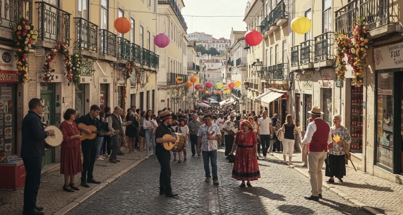 Une rue pavée animée avec des personnes dansant et jouant de la musique lors d'une fête ou d'un festival, décorée avec des lampions colorés et des guirlandes de fleurs.