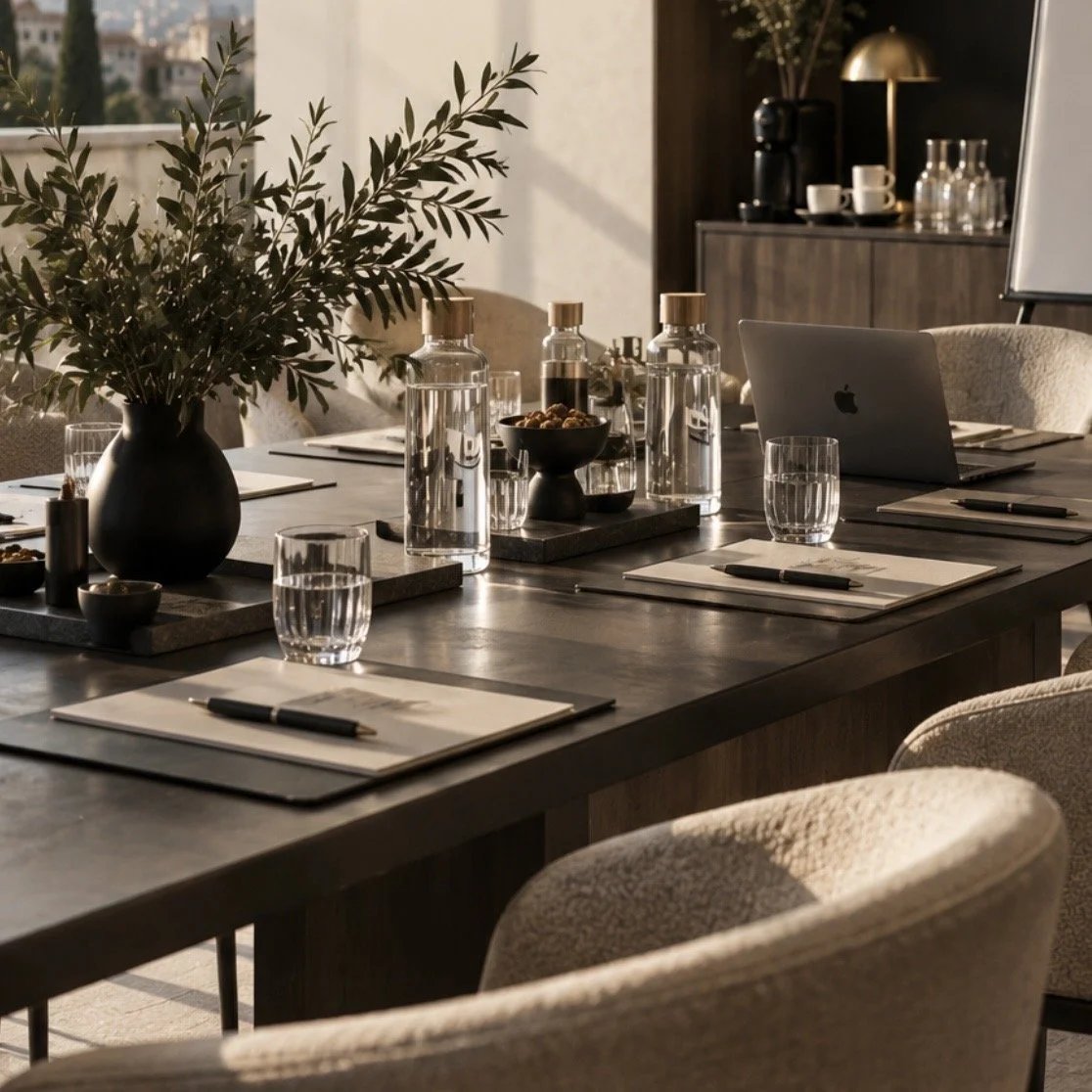 Table de réunion élégante avec des verres d'eau, un vase avec des branches vertes, des bouteilles d'eau, un ordinateur portable Apple, des blocs-notes, des stylos et un plateau avec des noix, dans une salle bien éclairée avec un mobilier moderne.