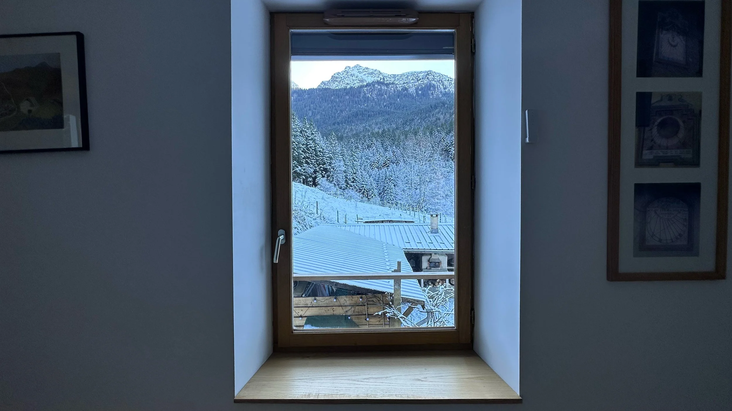 View through a wooden framed glass door showing a snow-covered mountainside and trees, with rooftops of nearby buildings.