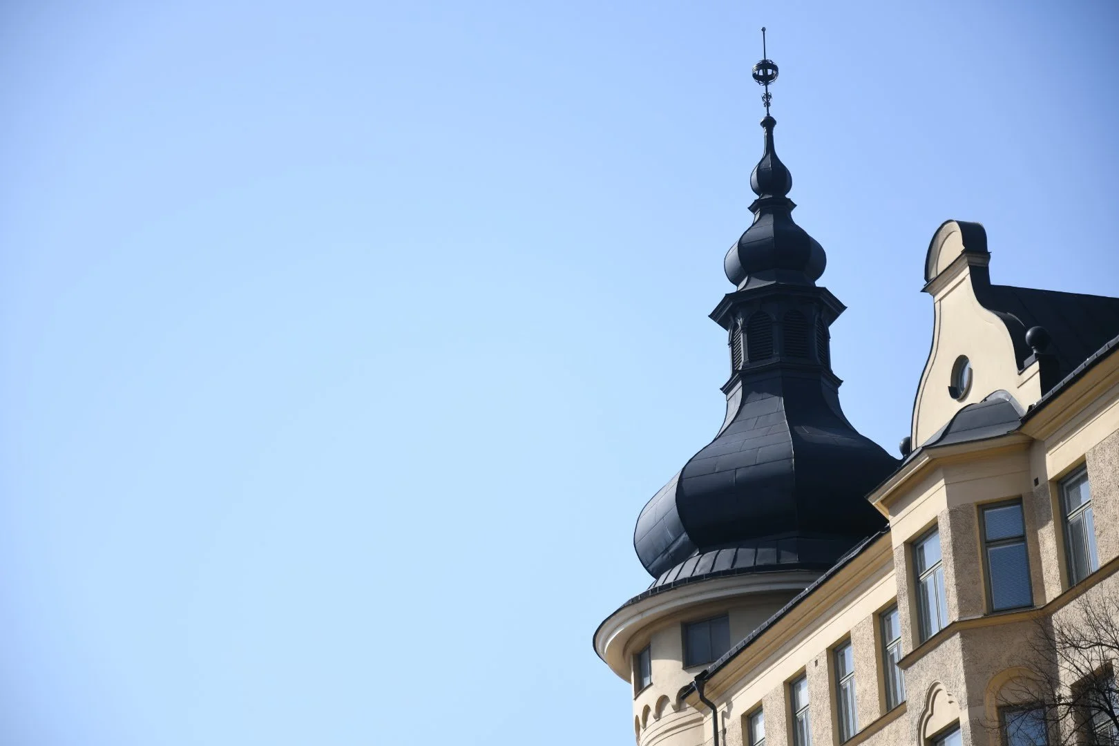 Close-up of a historic building with ornate black rooftops and a tower against a clear blue sky.