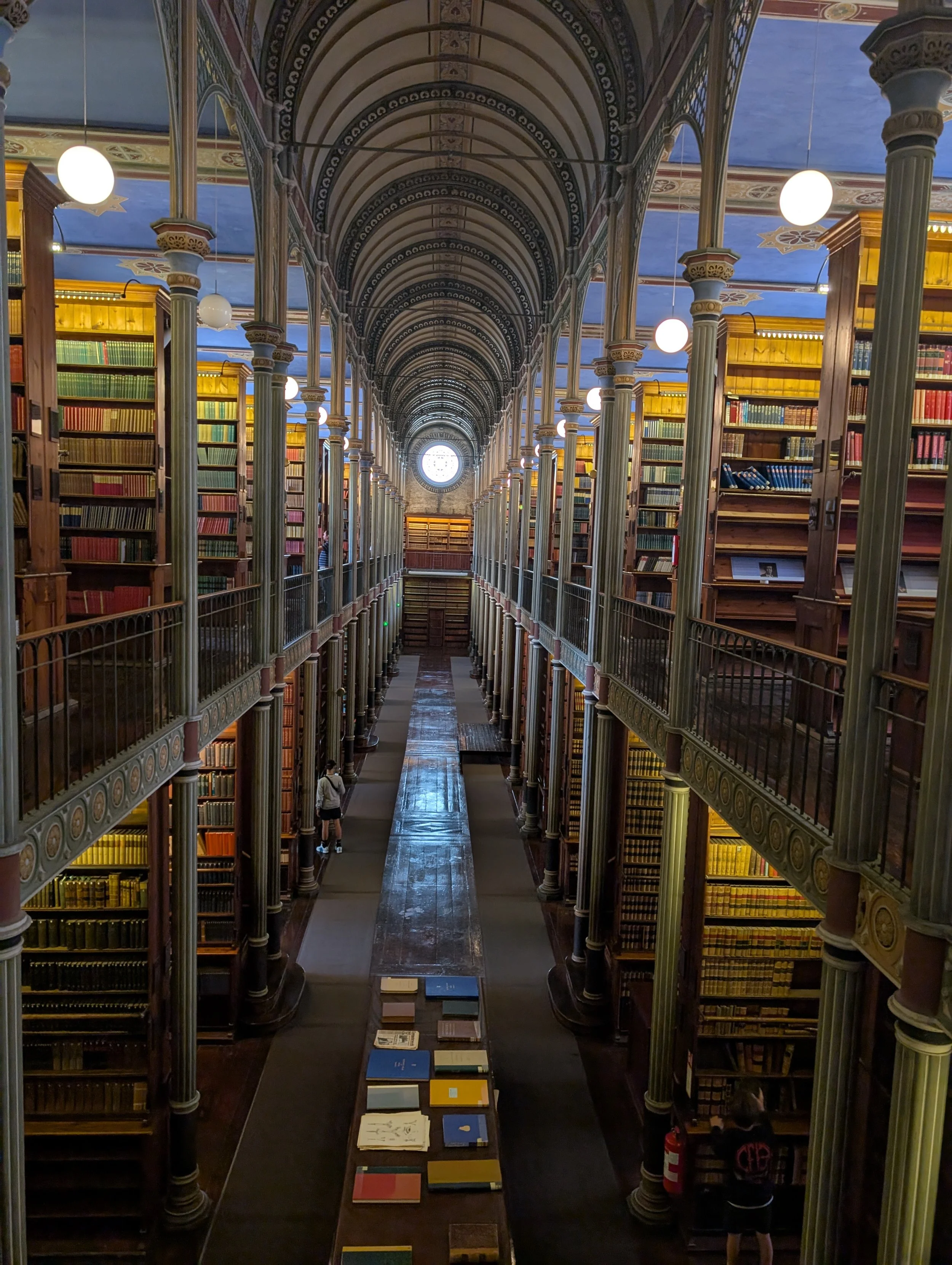 Interior of a historic library with high arched ceilings, rows of tall wooden bookshelves filled with colorful books, hanging round white lights, and an art display on a long table in the center walkway.