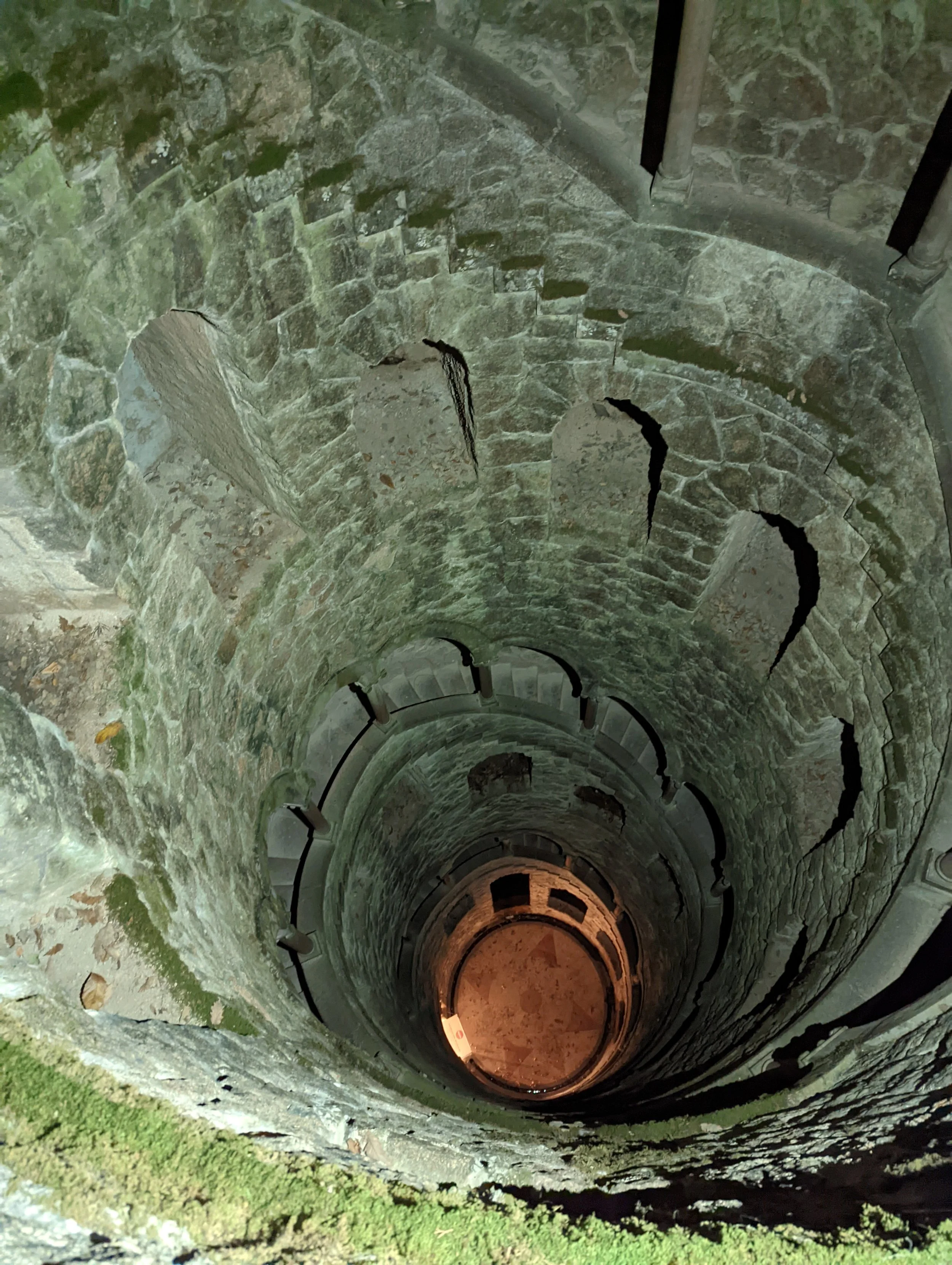 A vertical spiral stone staircase in a tower or turret, with moss and greenery on the outer wall, leading down into darkness.