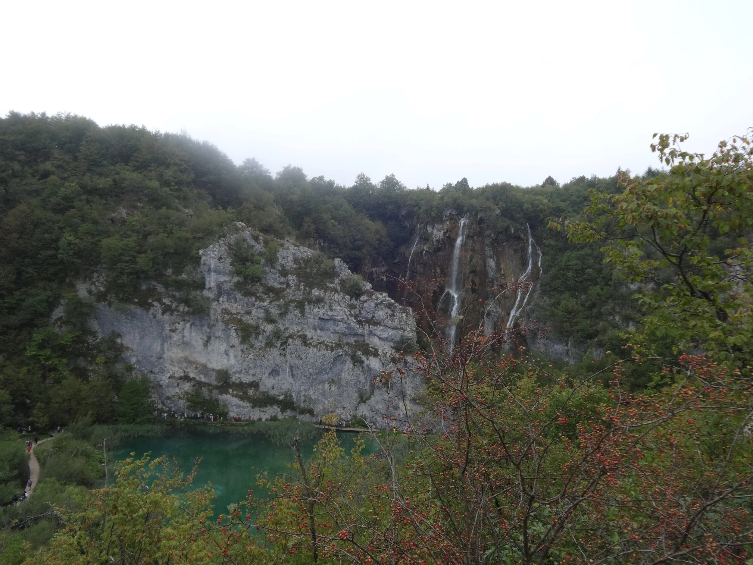 A scenic landscape featuring a waterfall cascading down a rocky cliff surrounded by green trees and foliage, with a body of water at the base and a foggy sky overhead.