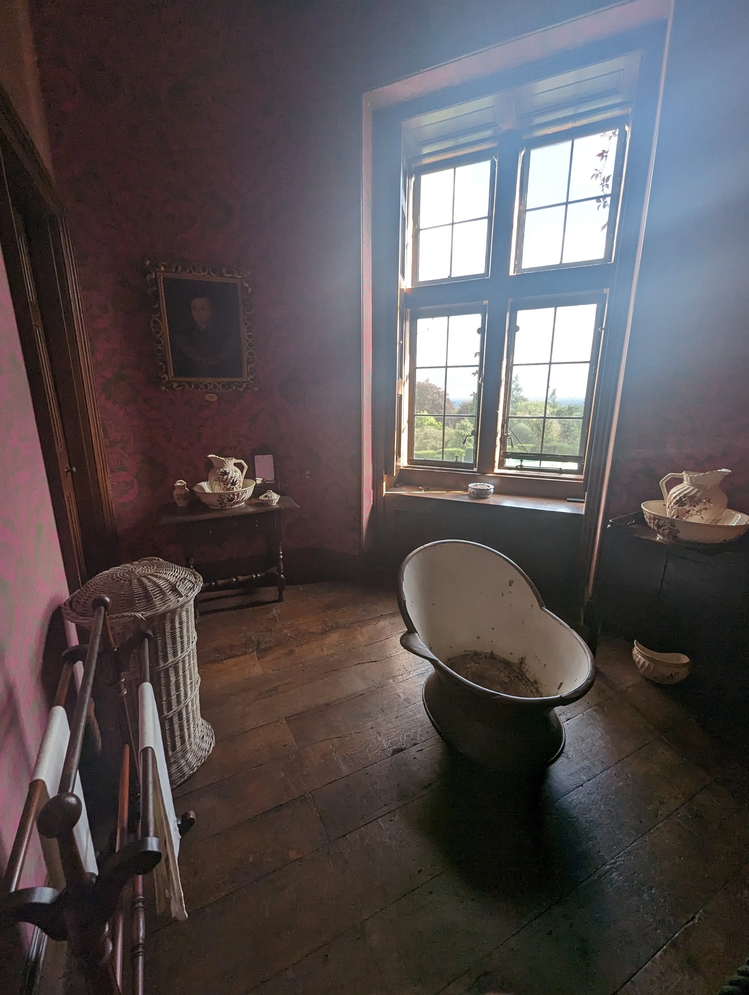 Vintage interior room with wooden flooring, large window with multiple panes, floral decorative plates, a portrait painting on the wall, and a white bathtub with dirt or rust inside.
